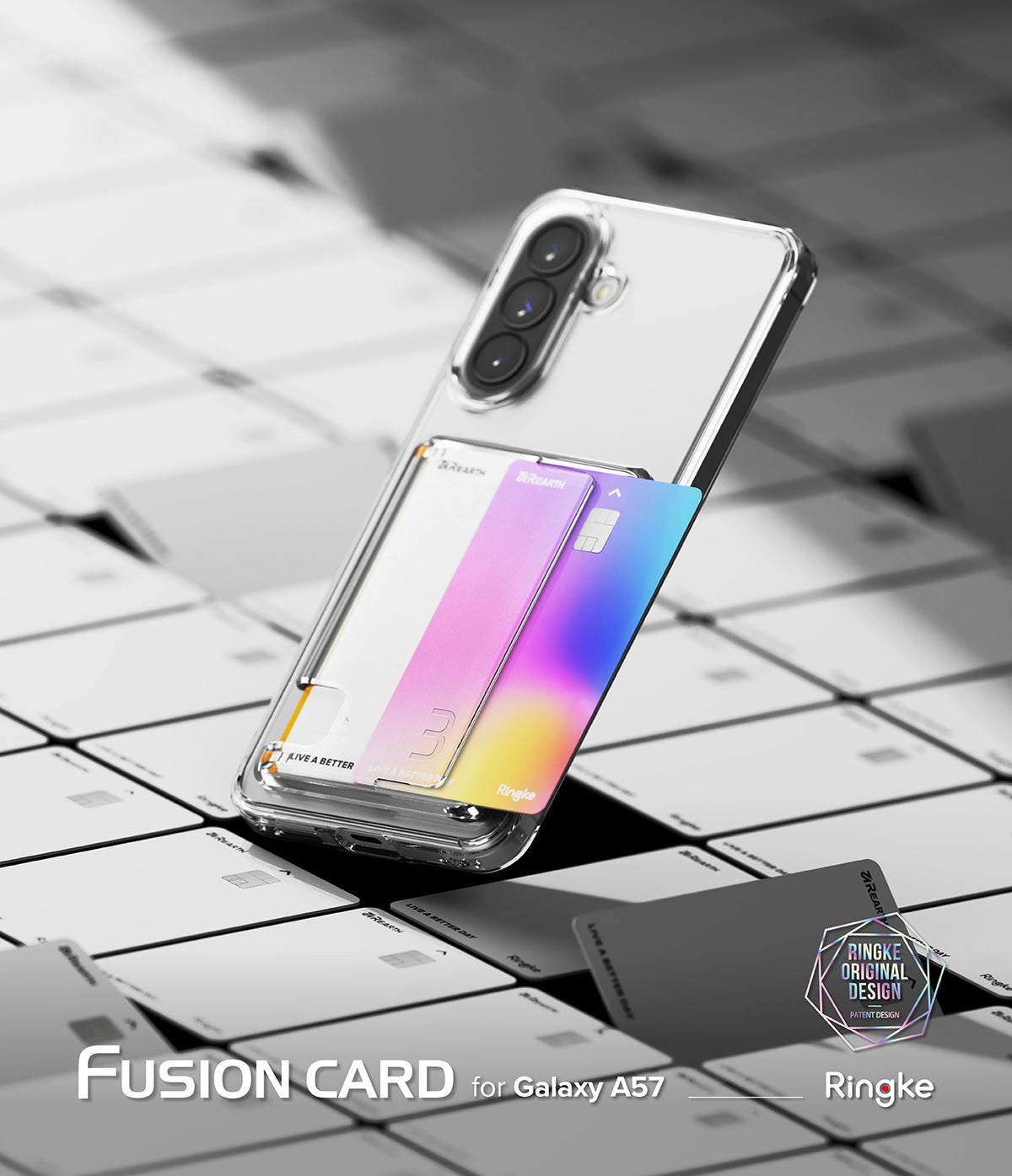 Galaxy A57 5G Case | Fusion Card - Clear phone case with a colorful gradient card slot, angled over a grid of credit cards.
