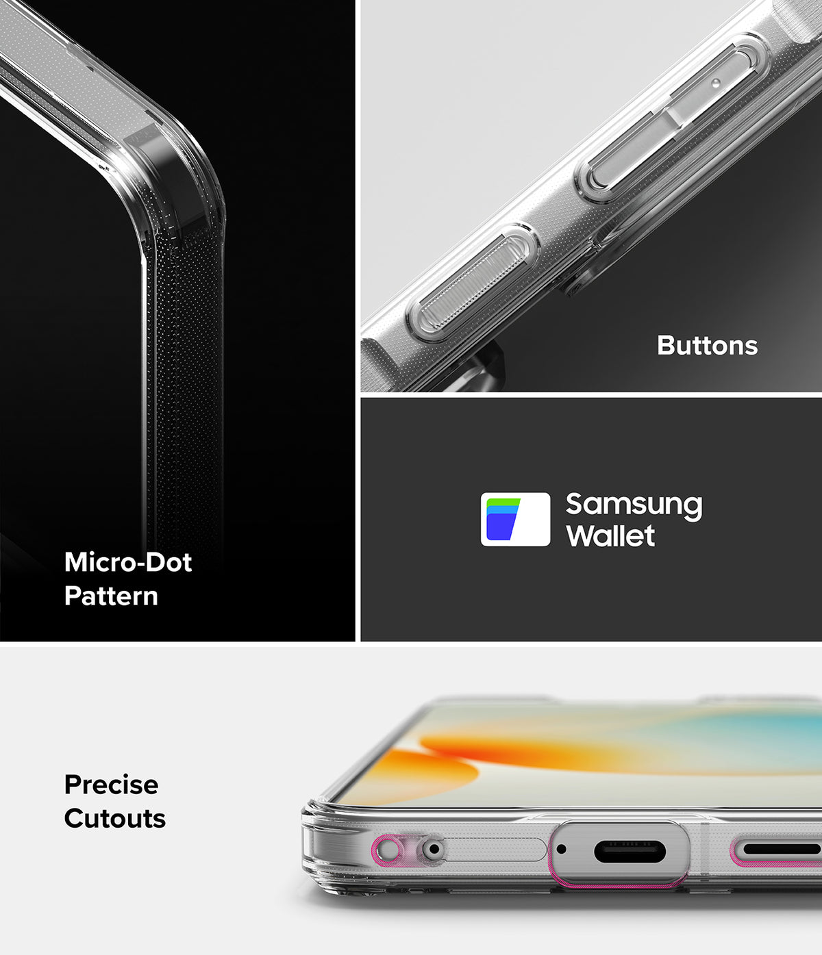 Galaxy A57 5G Case | Fusion Card - Clear case features showing micro-dot pattern, responsive buttons, and precise port cutouts.
