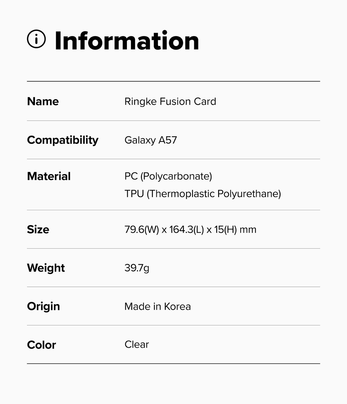 Galaxy A57 5G Case | Fusion Card - Information table listing product name, compatibility, material, size, weight, origin, and color.