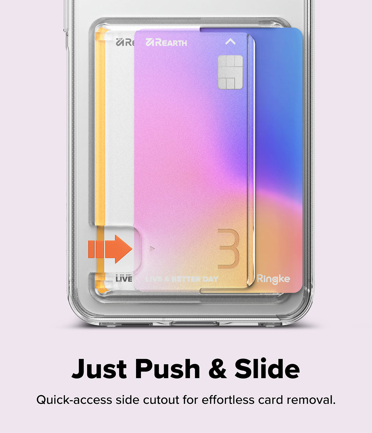 Galaxy A57 5G Case | Fusion Card - Clear phone case with a side cutout showing a card being pushed out by an orange arrow.