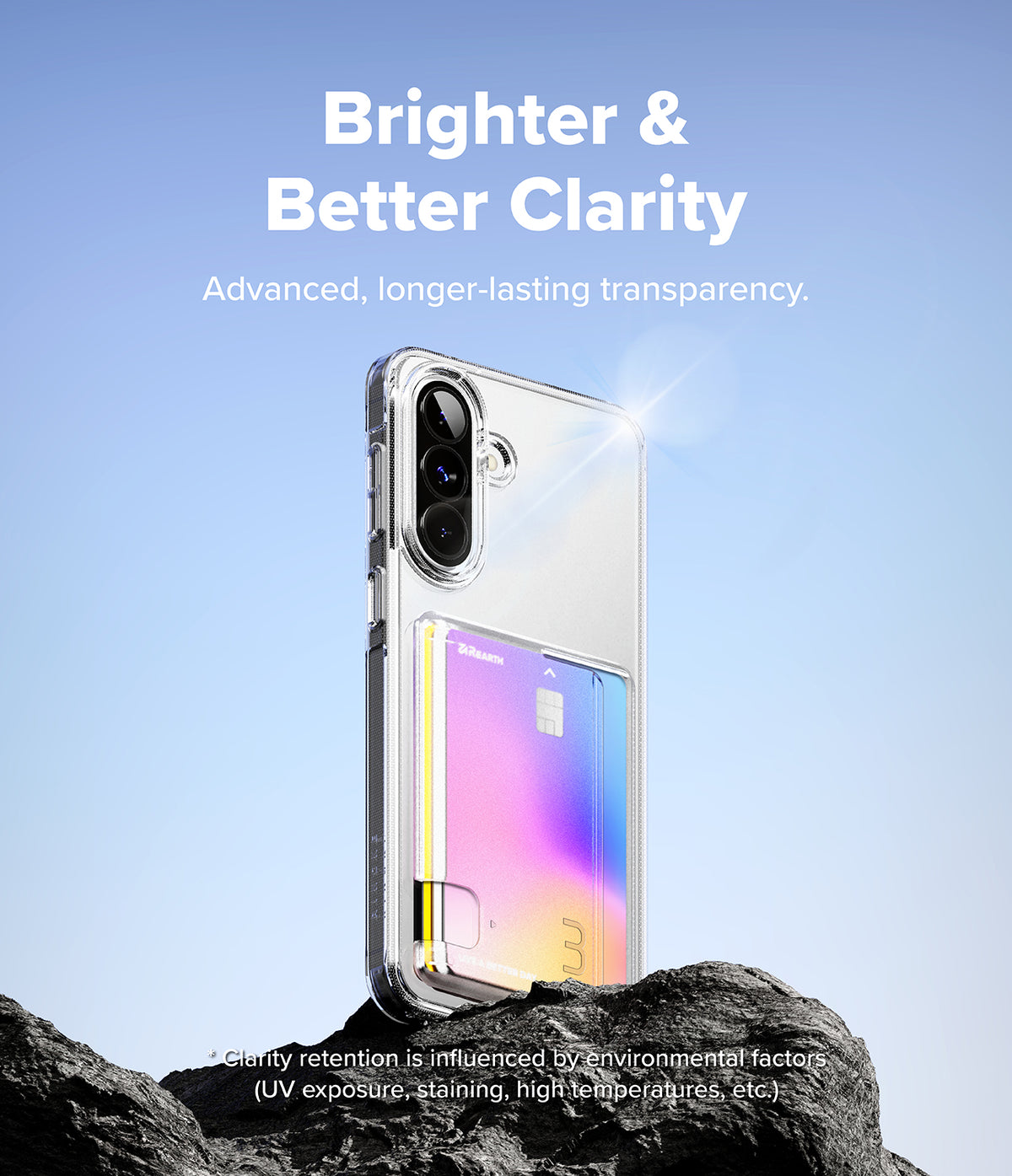 Galaxy A57 5G Case | Fusion Card - Clear phone case with a card slot holding a colorful card, set against a rocky background.