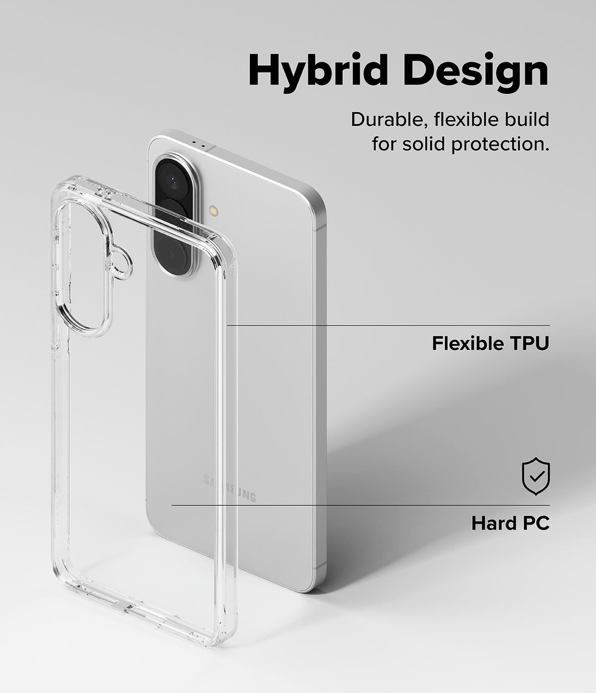 Galaxy A57 5G Case | Fusion - Clear phone case showing flexible TPU and hard PC layers with hybrid design text.