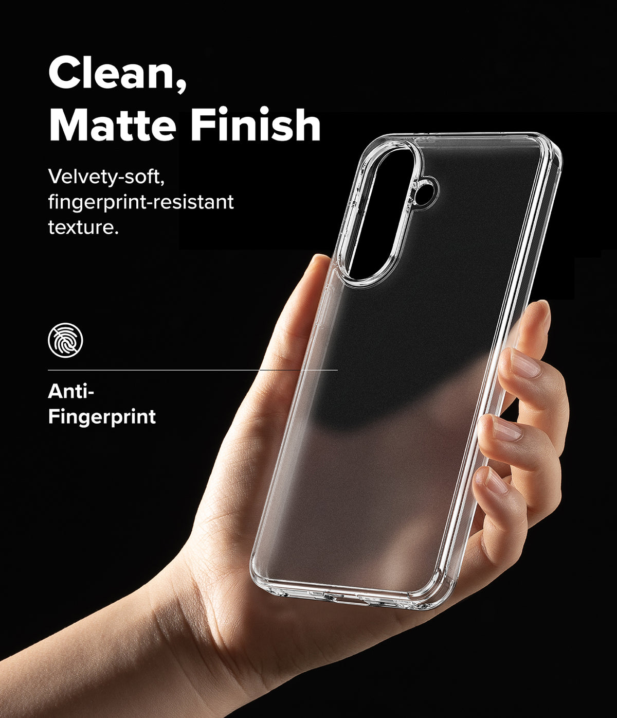 Galaxy A57 5G Case | Fusion Matte - Hand holding a clear, matte-finish phone case against a black background.