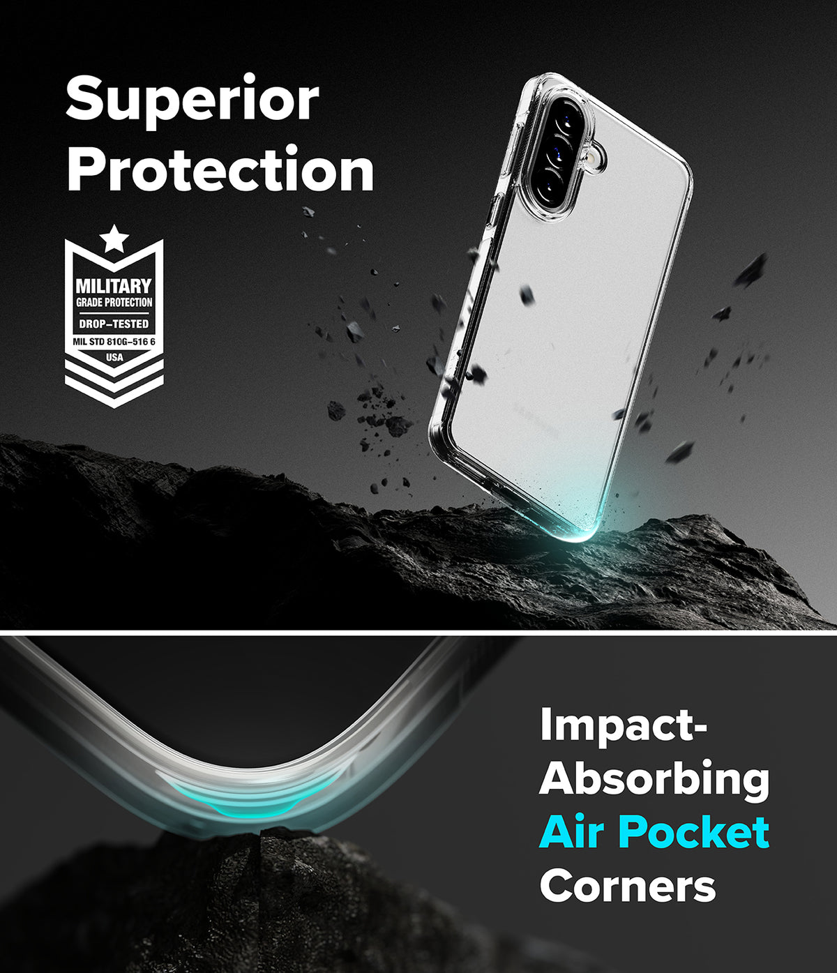 Galaxy A57 5G Case | Fusion Matte - Clear phone case with military-grade protection and air pocket corners on rocky terrain.