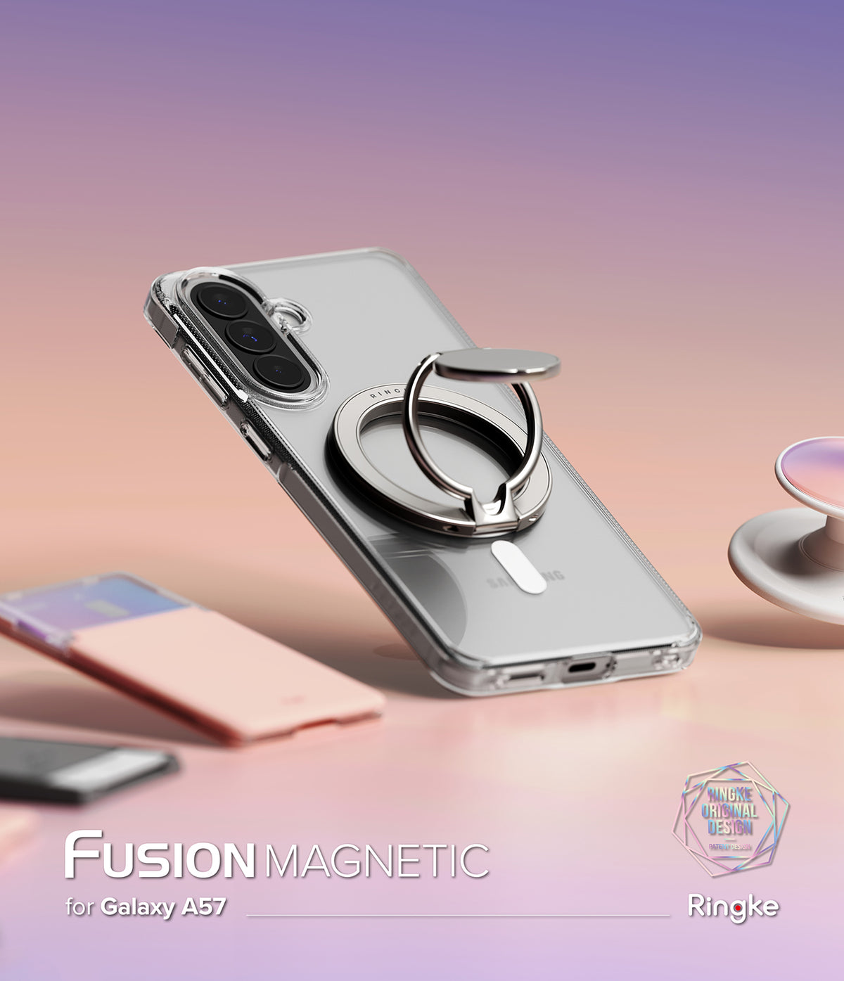 Galaxy A57 5G Case | Fusion Magnetic - Clear phone case with a built-in magnetic ring stand on a soft gradient background.