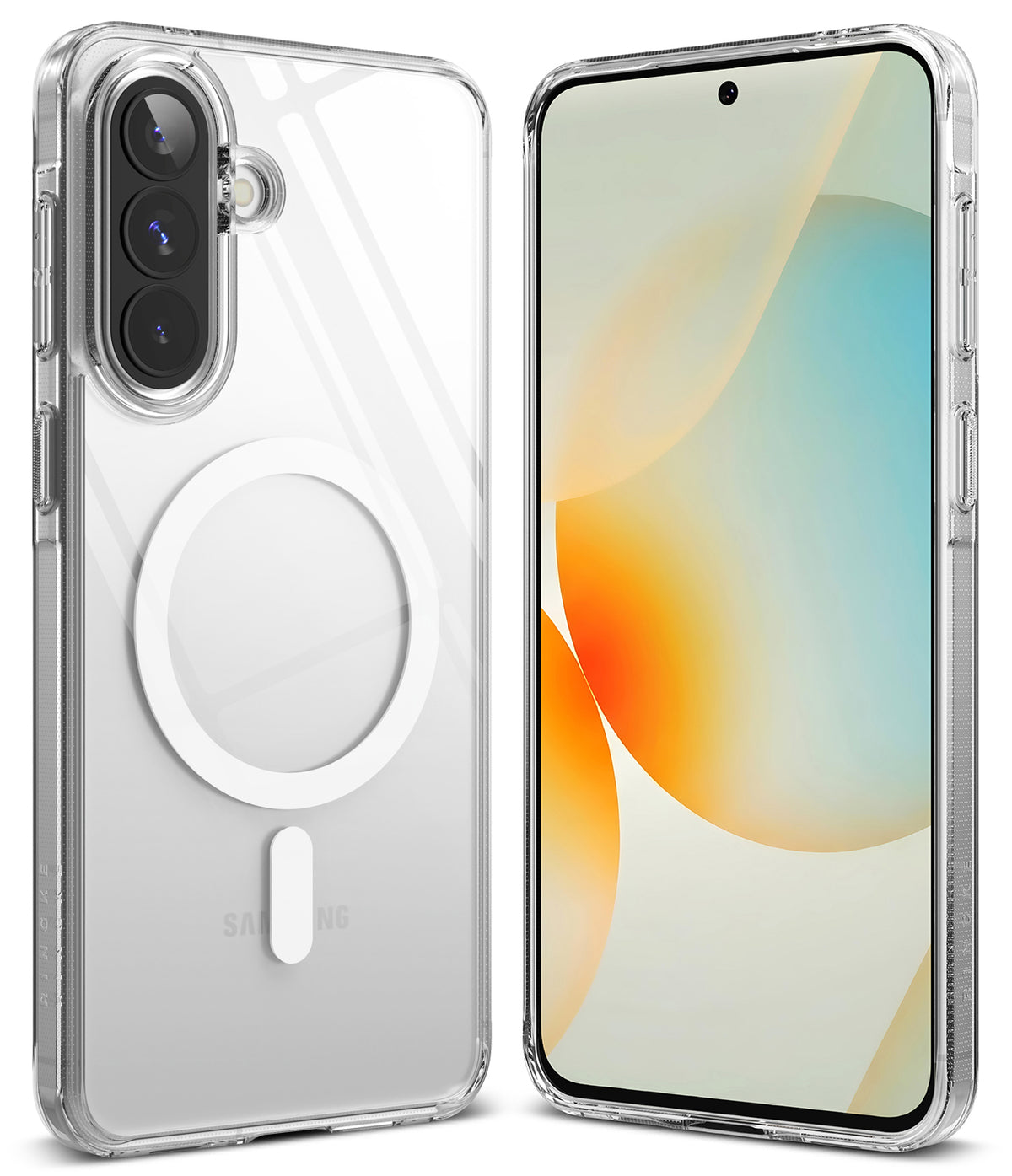Galaxy A57 5G Case | Fusion Magnetic - Clear phone case with magnetic ring on back, shown from front and rear angles.