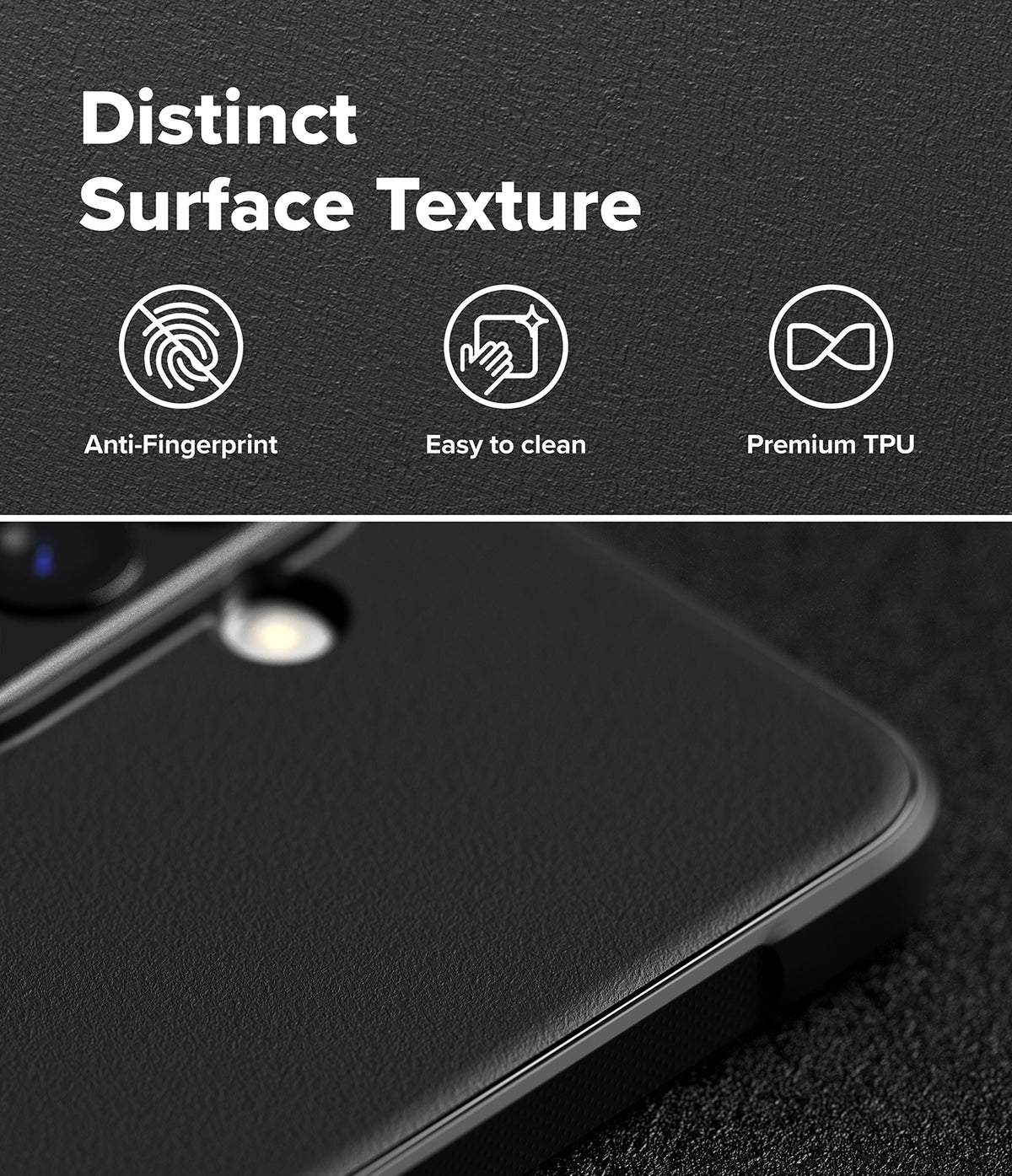 Galaxy A57 5G Case | Onyx - Close-up of black phone case with text highlighting anti-fingerprint, easy-to-clean, and premium TPU features.