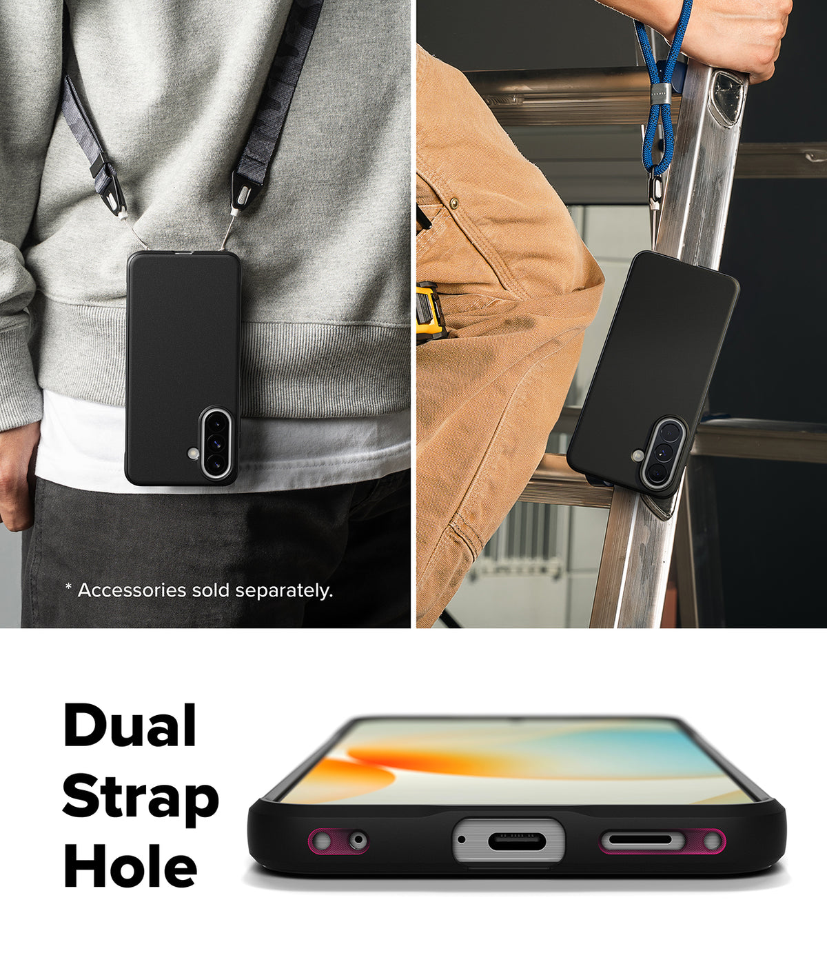 Galaxy A57 5G Case | Onyx - Black phone case with dual strap holes shown worn with lanyards and from the bottom view.