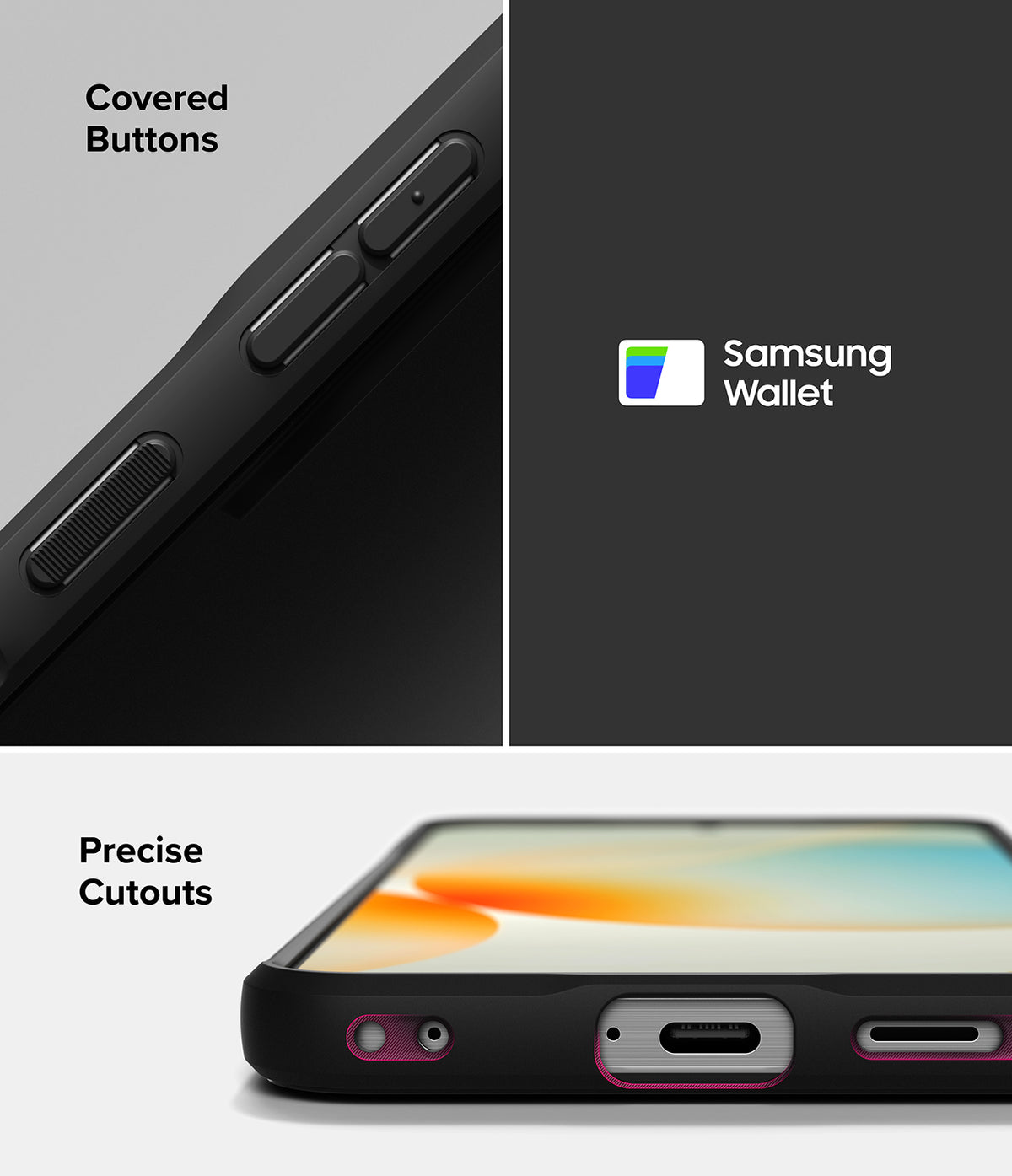 Galaxy A57 5G Case | Onyx - Close-up of black phone case showing covered buttons, Samsung Wallet compatibility, and precise port cutouts.