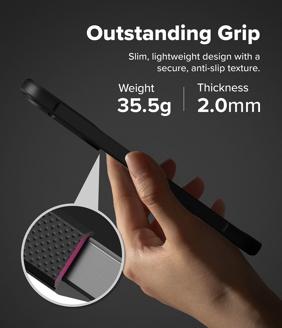 Galaxy A57 5G Case | Onyx - Hand holding a slim black phone case with a textured grip, highlighting 35.5g weight and 2.0mm thickness.