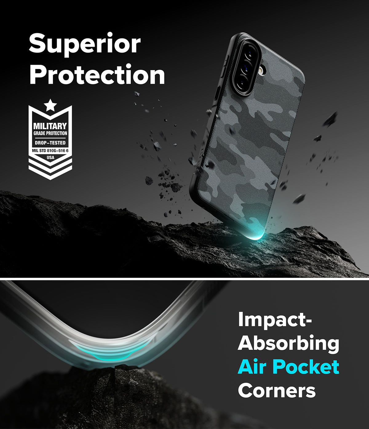 Galaxy A57 5G Case | Onyx - Camo phone case hovering over dark rock with military-grade protection and air pocket corner details.