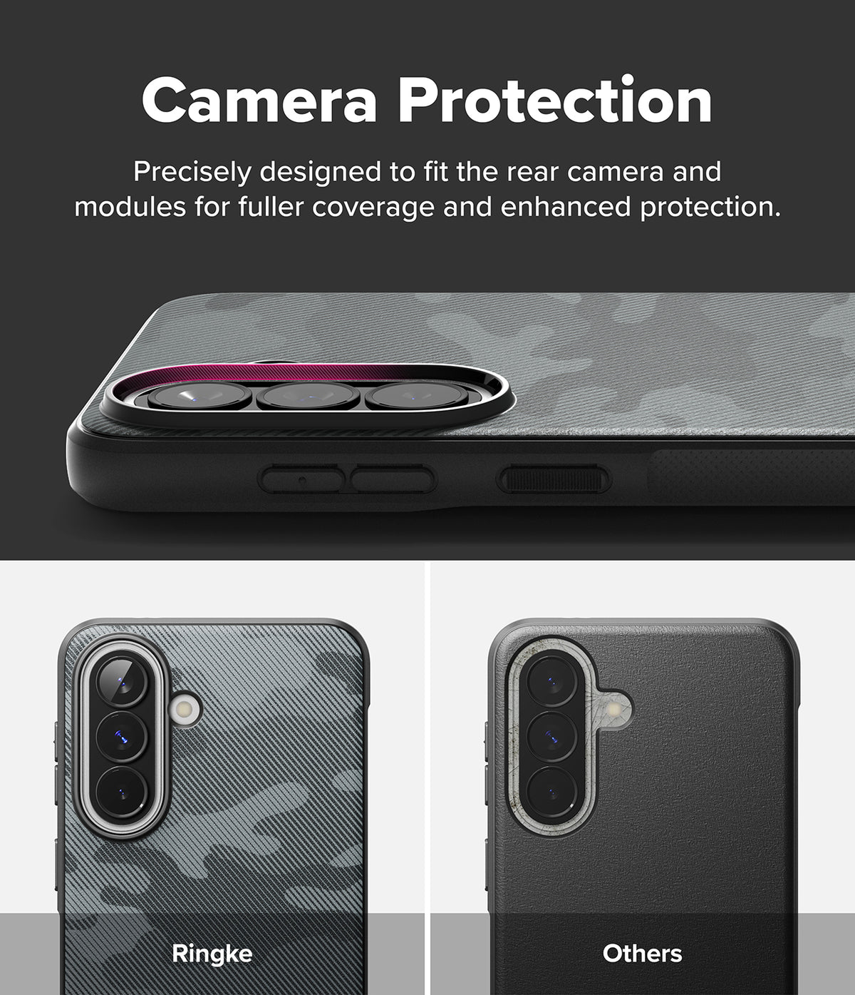 Galaxy A57 5G Case | Onyx - Close-up of phone case camera protection showing precise fit compared to standard cases.