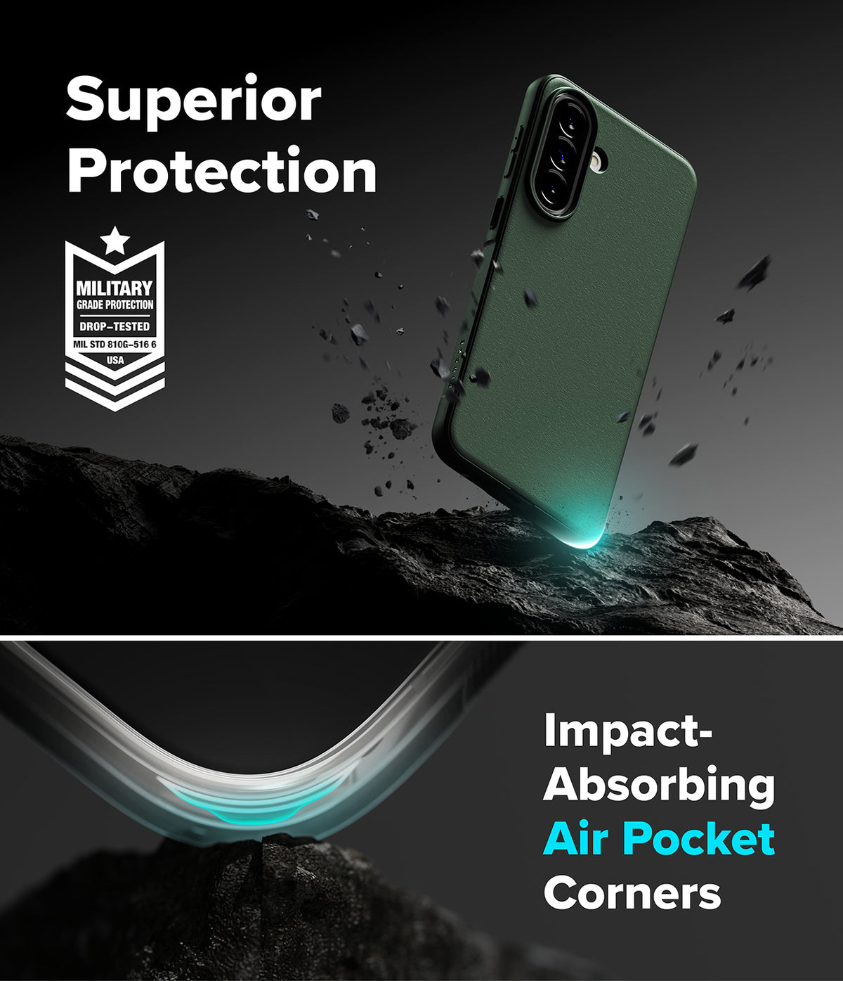 Galaxy A57 5G Case | Onyx - Dark green phone case with military-grade protection and air-pocket corners on rocky terrain.