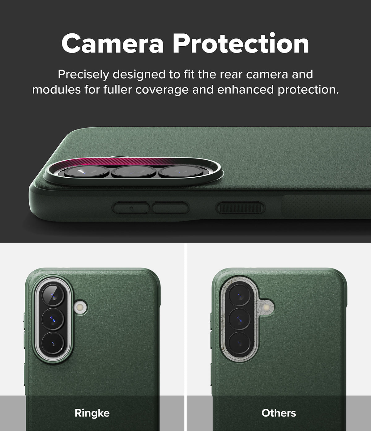 Galaxy A57 5G Case | Onyx - Comparison showing Ringke case camera coverage versus a standard case with exposed areas.