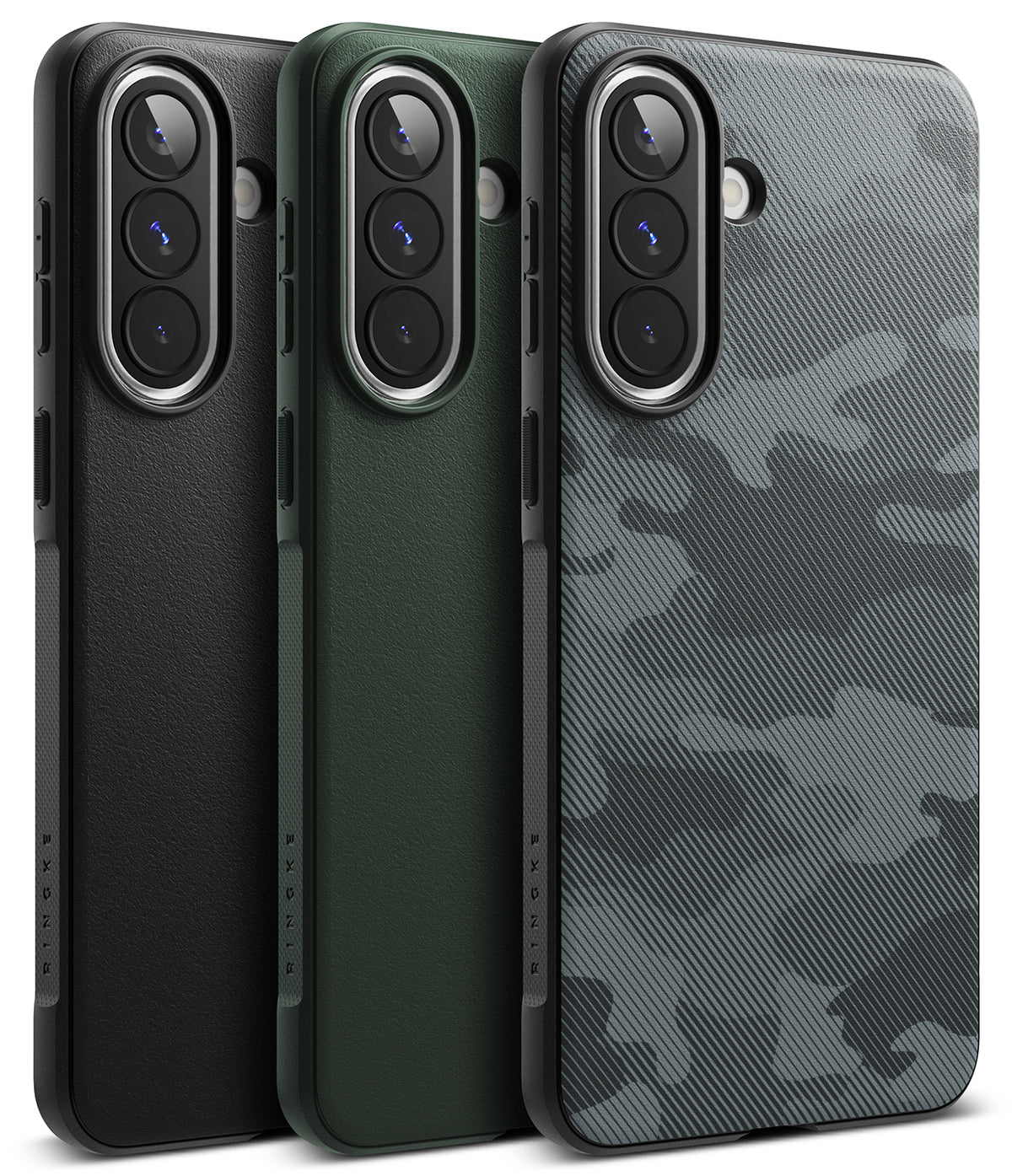 Galaxy A57 5G Case | Onyx - Three phone cases in black, dark green, and grey camouflage, showing back camera cutouts.