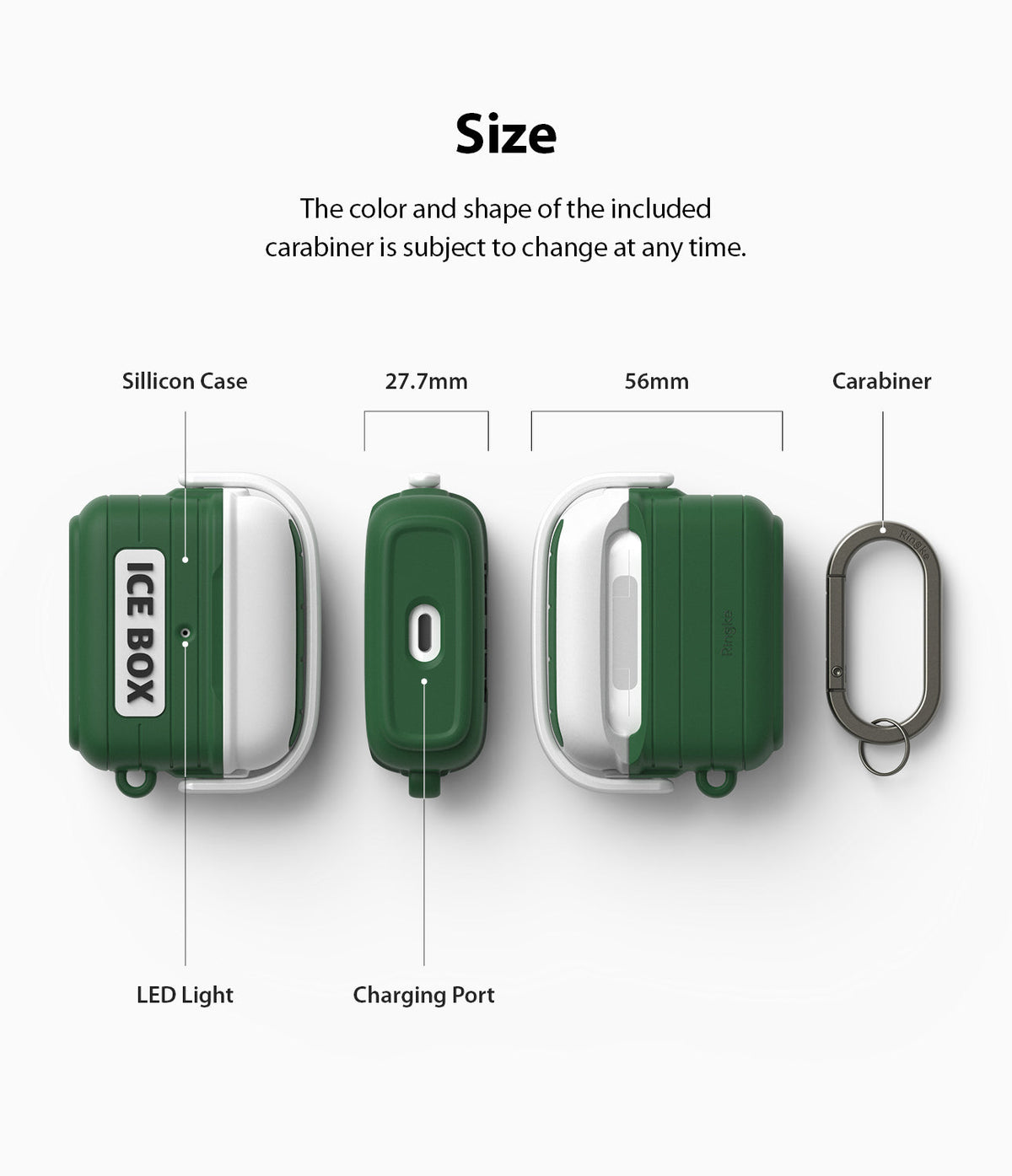 AirPods 3 Silicone Case | Ice Box - Technical diagram showing dimensions and features of a green silicone AirPods case.