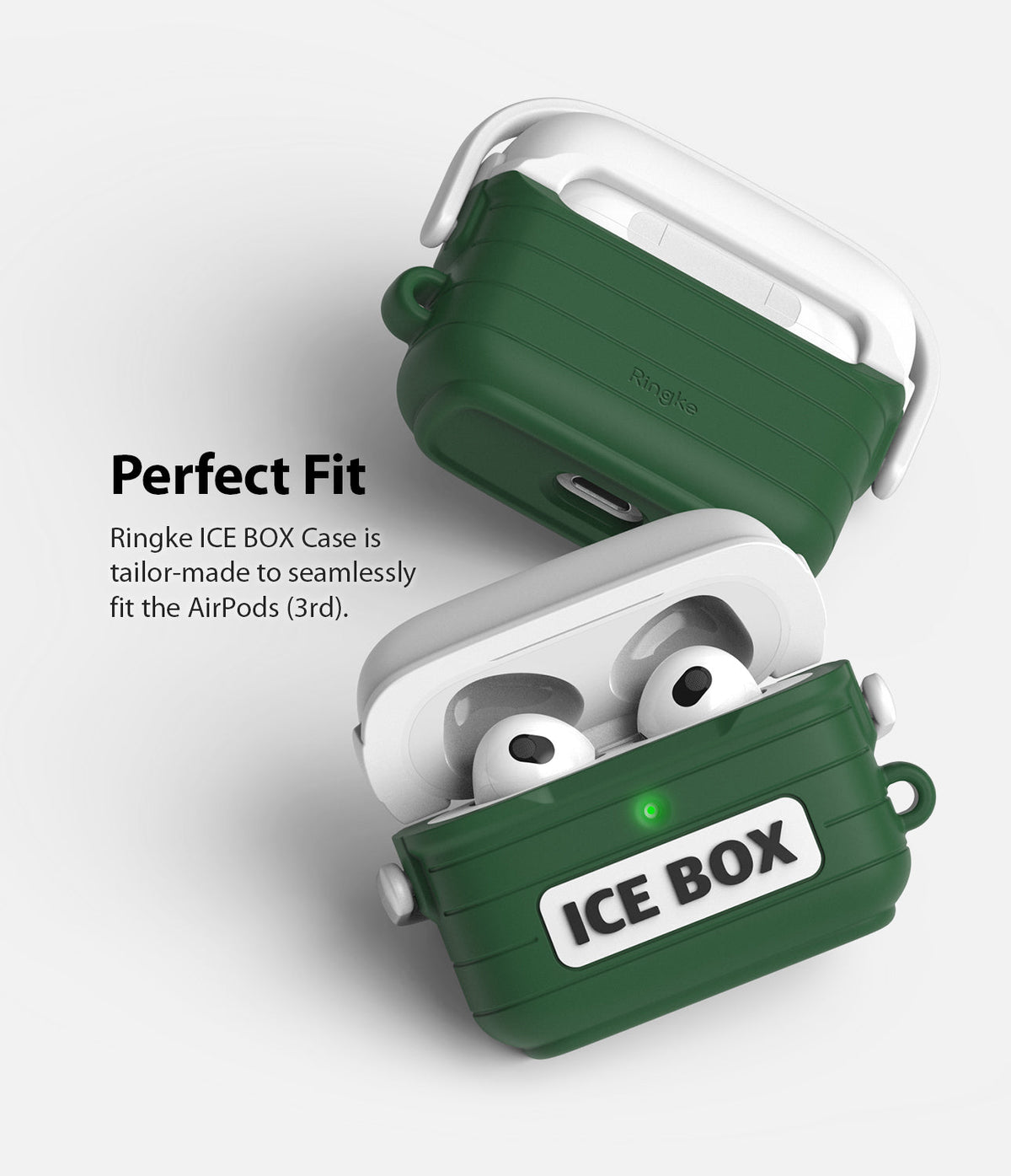 AirPods 3 Silicone Case | Ice Box - Two green and white cooler-style silicone cases for AirPods 3, one open with earbuds.