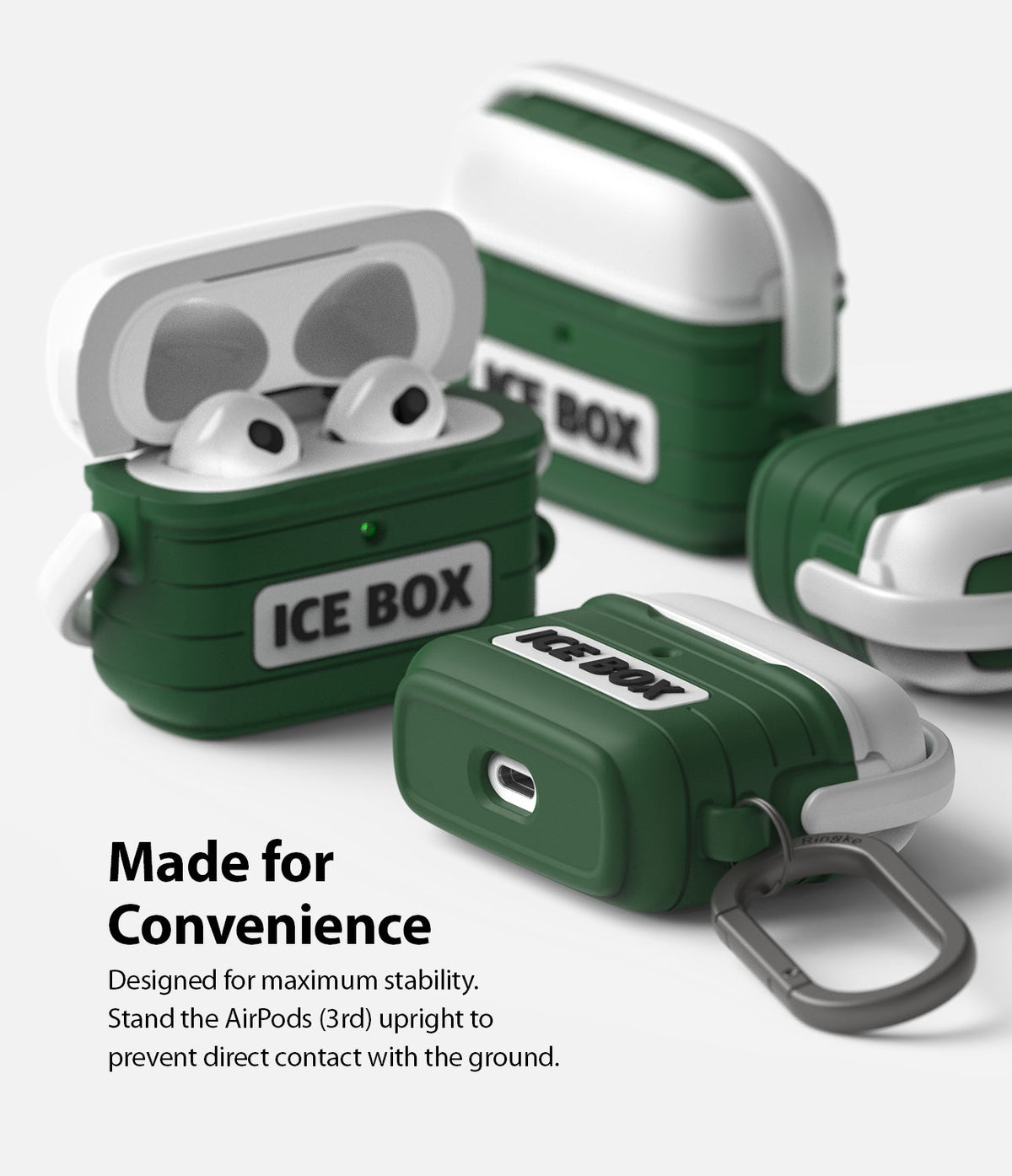 AirPods 3 Silicone Case | Ice Box - Green and white cooler-style AirPods 3 cases with carabiners on a white background.
