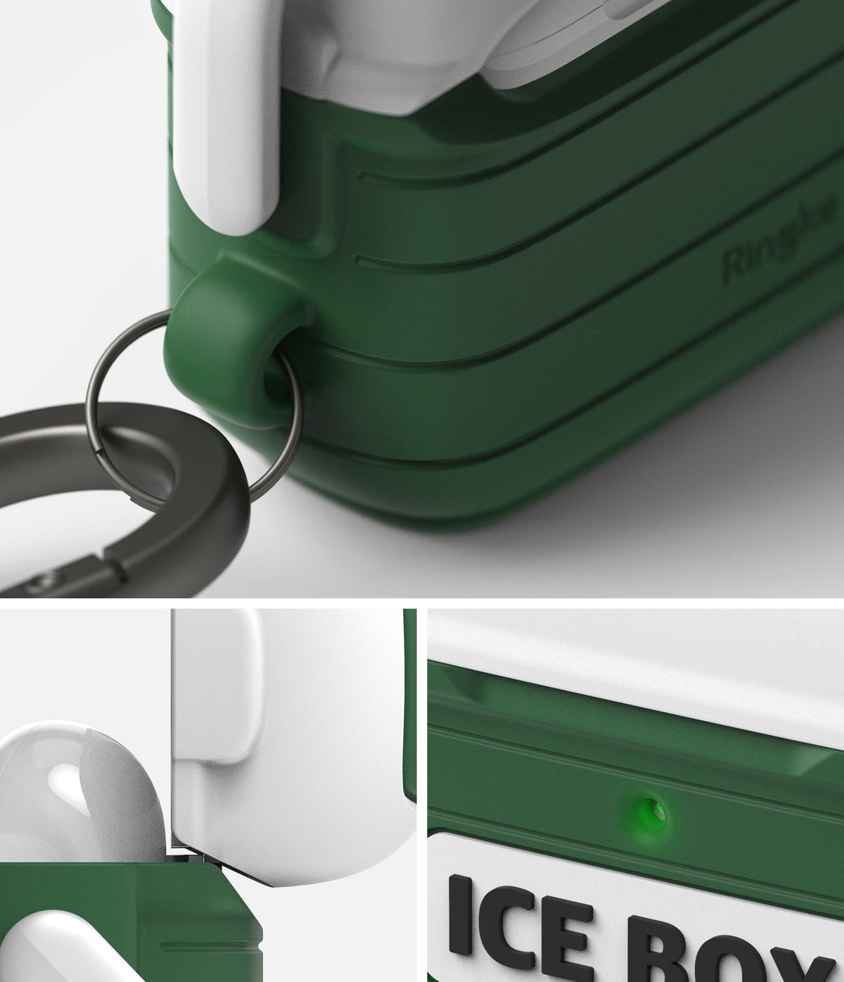 AirPods 3 Silicone Case | Ice Box - Green ribbed silicone case for AirPods 3 with a white lid, carabiner, and LED light.
