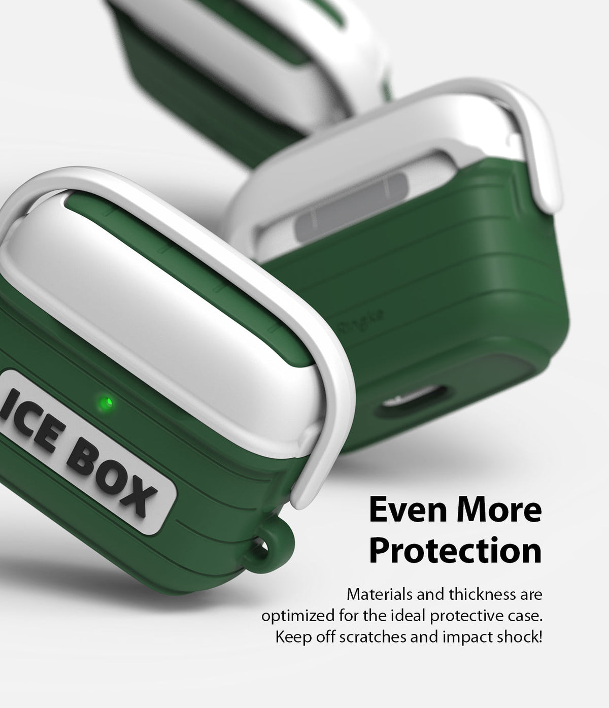 AirPods 3 Silicone Case | Ice Box - Two green and white silicone AirPods 3 cases with ICE BOX branding and a green LED.