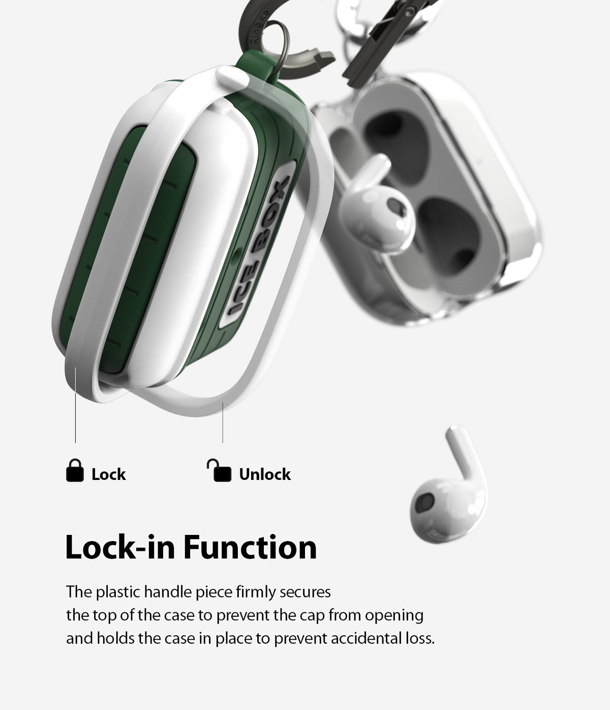 AirPods 3 Silicone Case | Ice Box - Green and white protective case with a rotating lock handle and carabiner.
