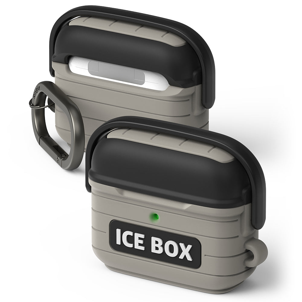 AirPods 3 Silicone Case | Ice Box - Two-tone gray and black ribbed silicone case with ICE BOX branding and a carabiner.