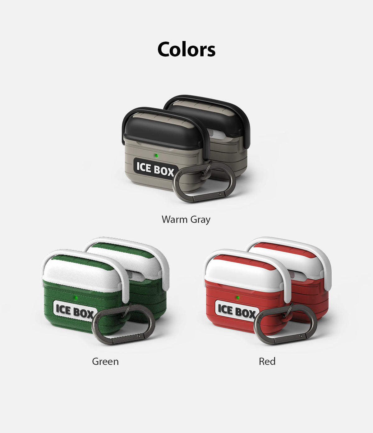 AirPods 3 Silicone Case | Ice Box - Three pairs of cooler-style AirPods 3 cases in warm gray, green, and red with carabiners.