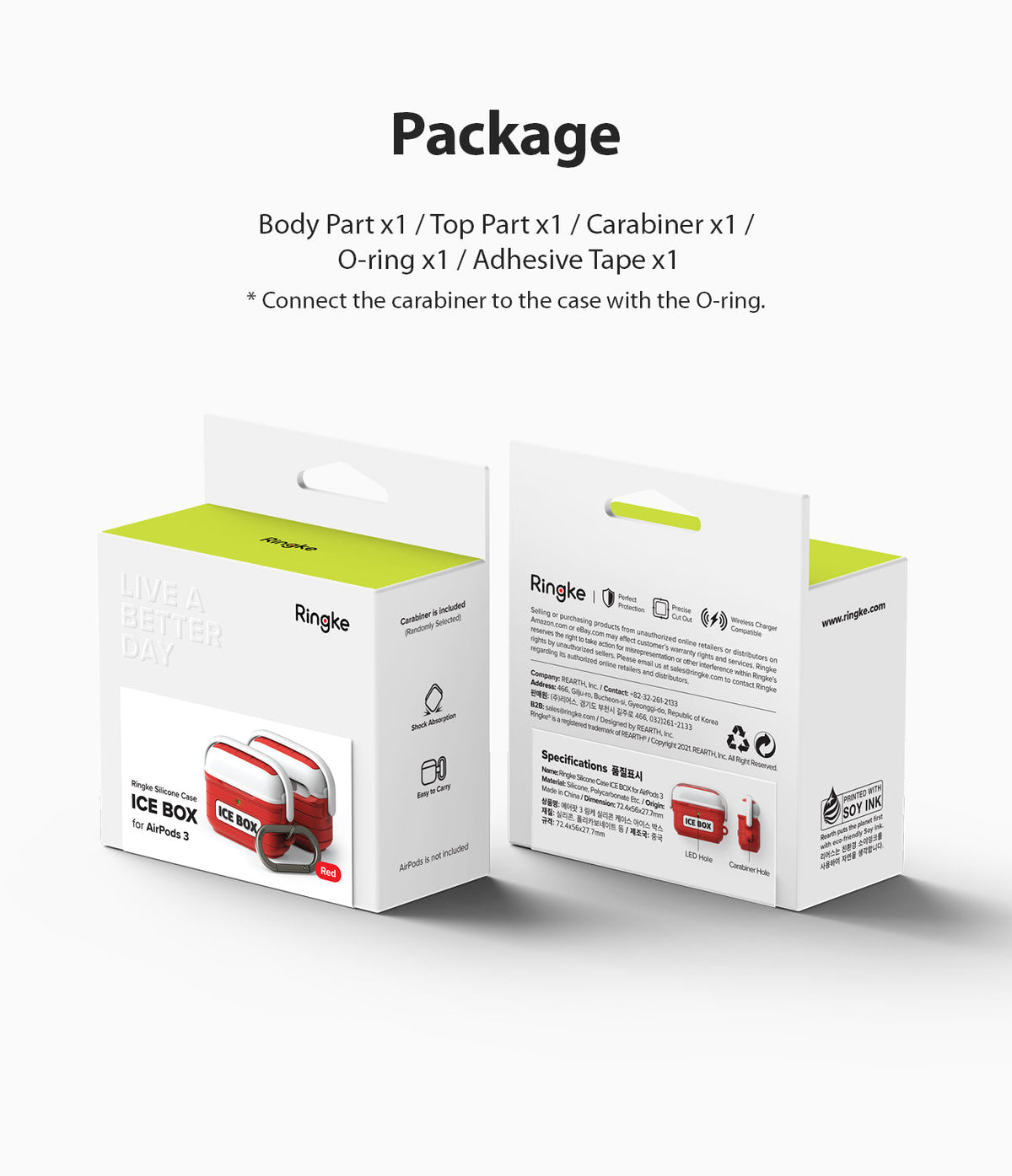 AirPods 3 Silicone Case | Ice Box - Two white product boxes for a red AirPods 3 case showing package contents and specs.