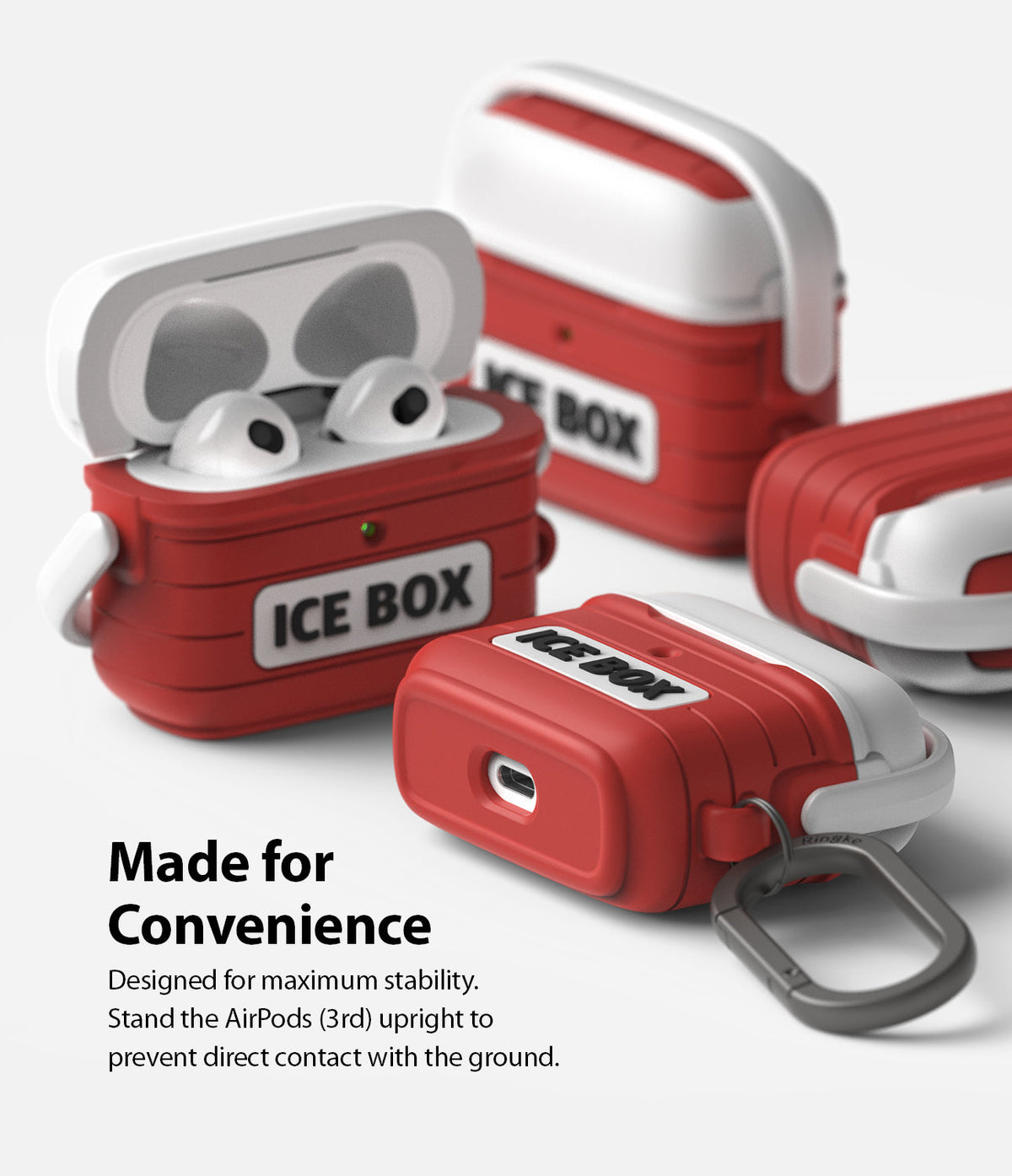 AirPods 3 Silicone Case | Ice Box - Red and white cooler-style silicone cases for AirPods 3 with carabiner clips.