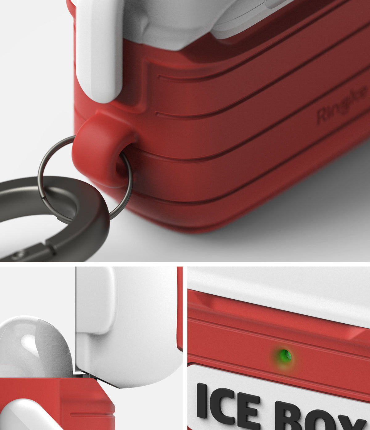 AirPods 3 Silicone Case | Ice Box - Red and white cooler-style case with a carabiner, showing the lid, hinge, and LED light.