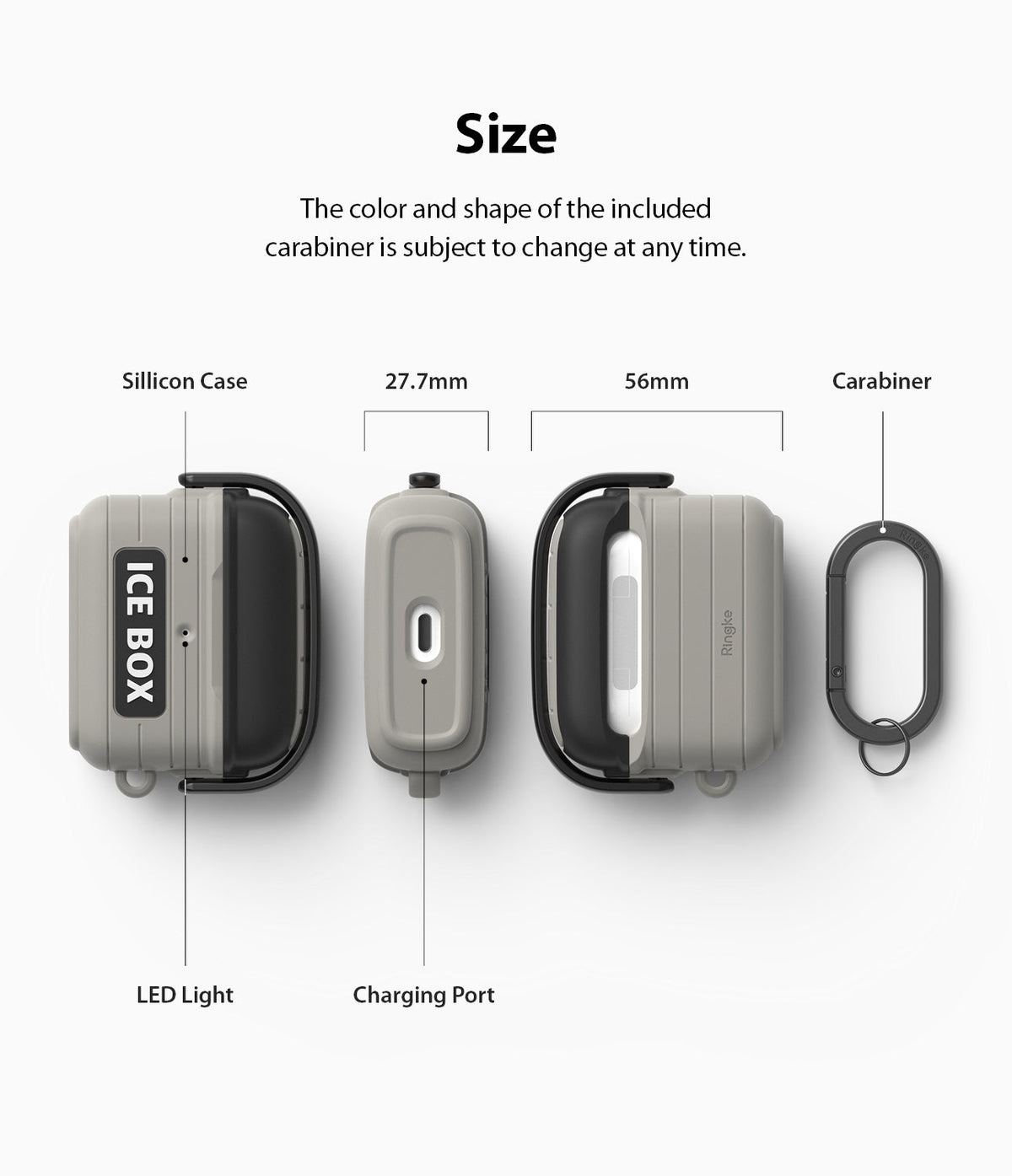 AirPods 3 Silicone Case | Ice Box - Diagram showing dimensions and features of a grey silicone case with a carabiner.