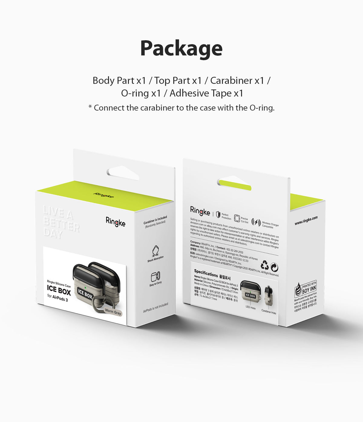 AirPods 3 Silicone Case | Ice Box - Packaging box for Ringke AirPods 3 case showing product contents and specifications.