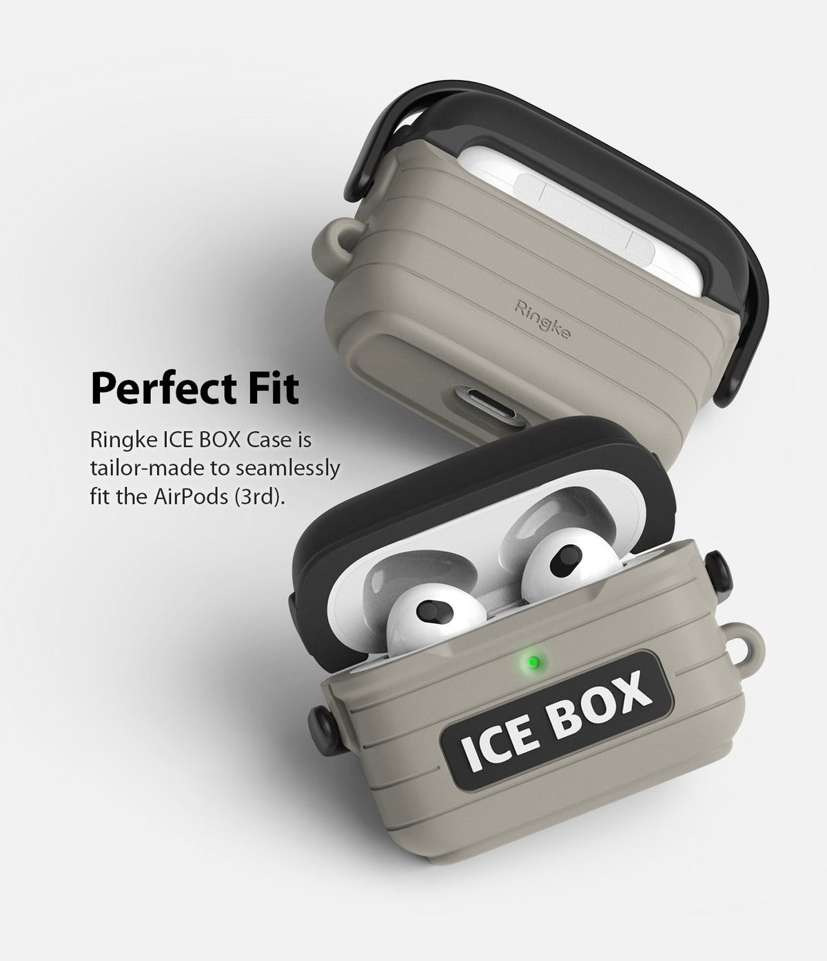 AirPods 3 Silicone Case | Ice Box - Two-tone beige and black ribbed silicone case for AirPods 3 with ICE BOX branding.