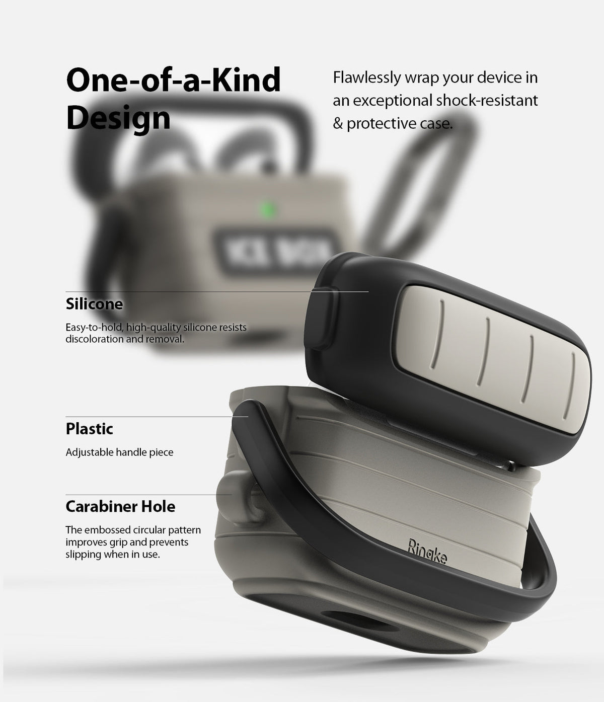 AirPods 3 Silicone Case | Ice Box - Exploded view of a two-tone gray and black protective silicone case with a handle.