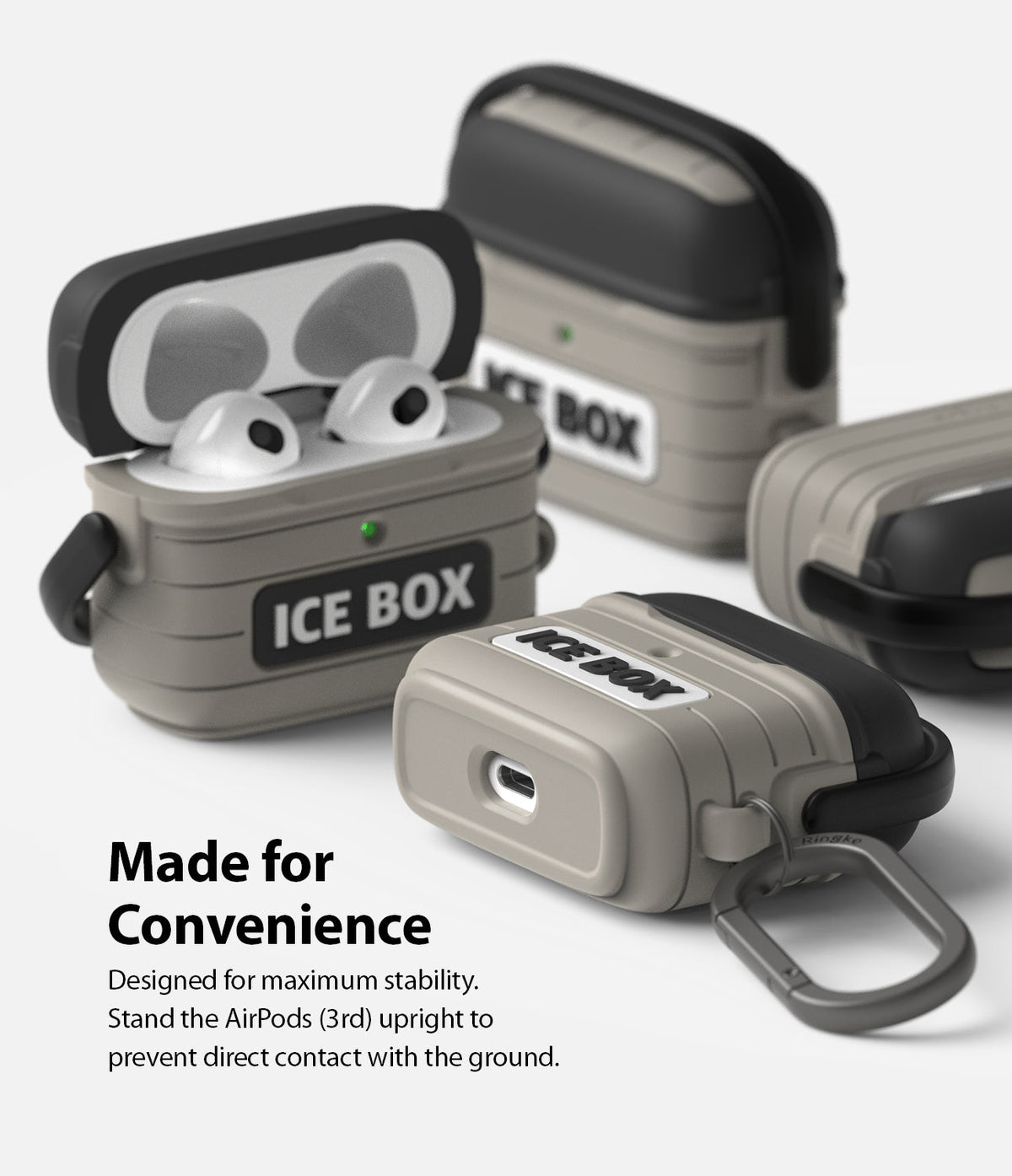 AirPods 3 Silicone Case | Ice Box - Multiple grey and black cooler-style silicone cases for AirPods 3 with carabiners.