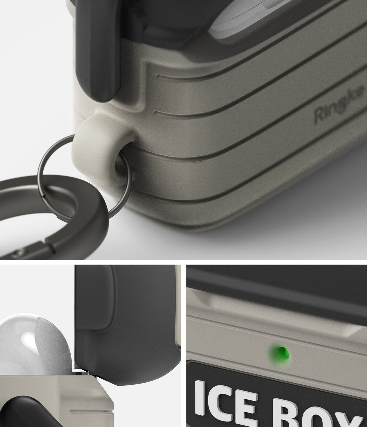 AirPods 3 Silicone Case | Ice Box - Gray ribbed silicone case with black carabiner, open lid, and green LED indicator.