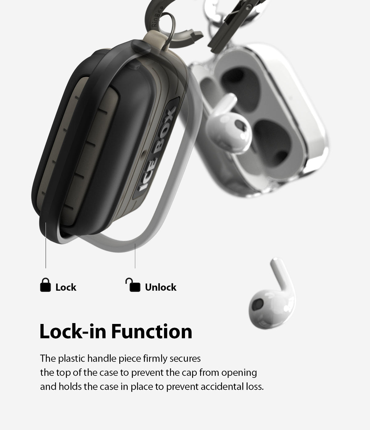 AirPods 3 Silicone Case | Ice Box - A protective case with a rotating lock mechanism shown in locked and unlocked positions.