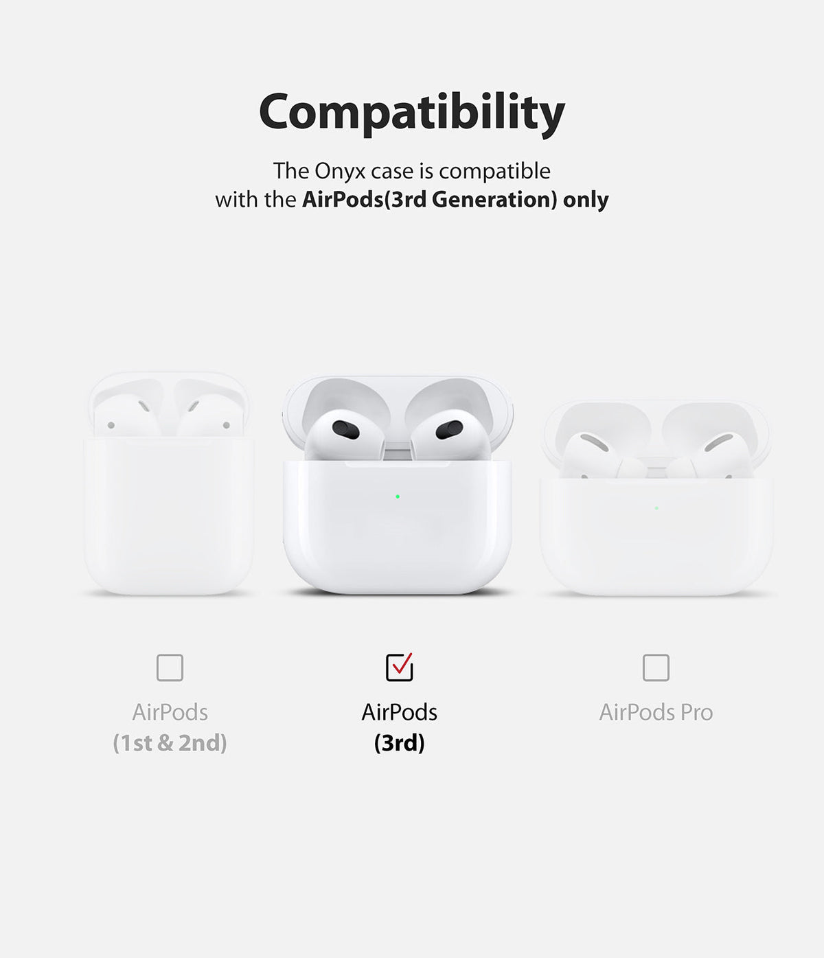 AirPods 3 Case | Onyx - Compatibility chart showing AirPods 3rd Gen selected with a checkmark over other AirPods models.