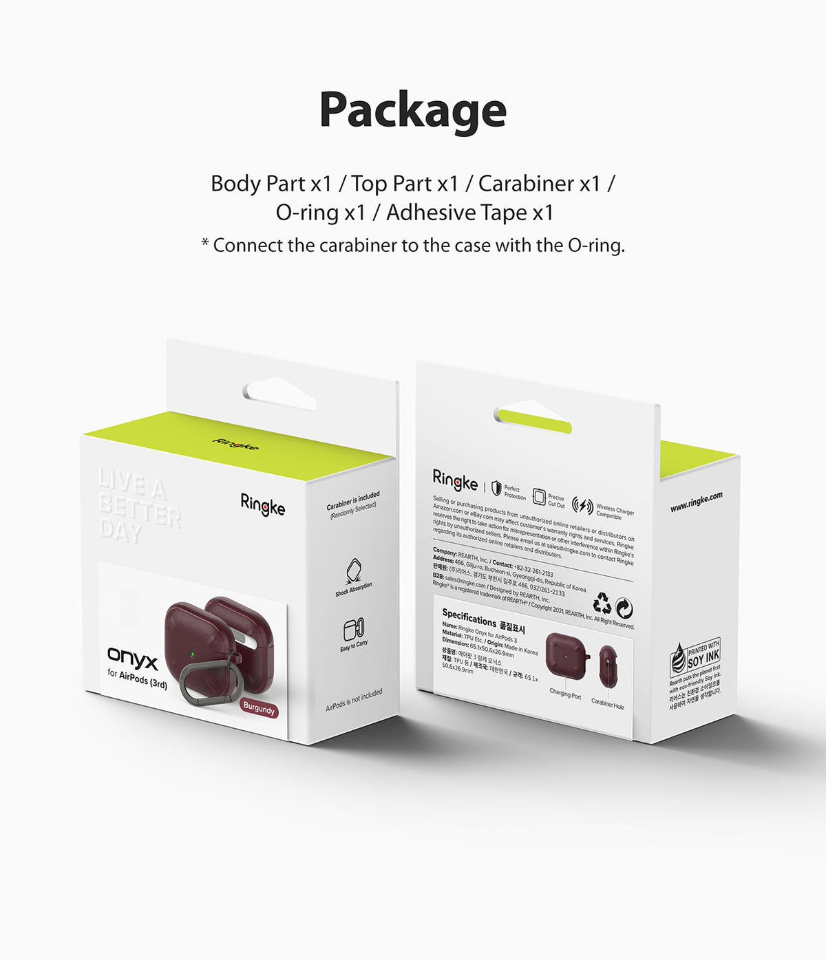 AirPods 3 Case | Onyx - Packaging box for Ringke AirPods 3 case showing product contents, features, and specifications.