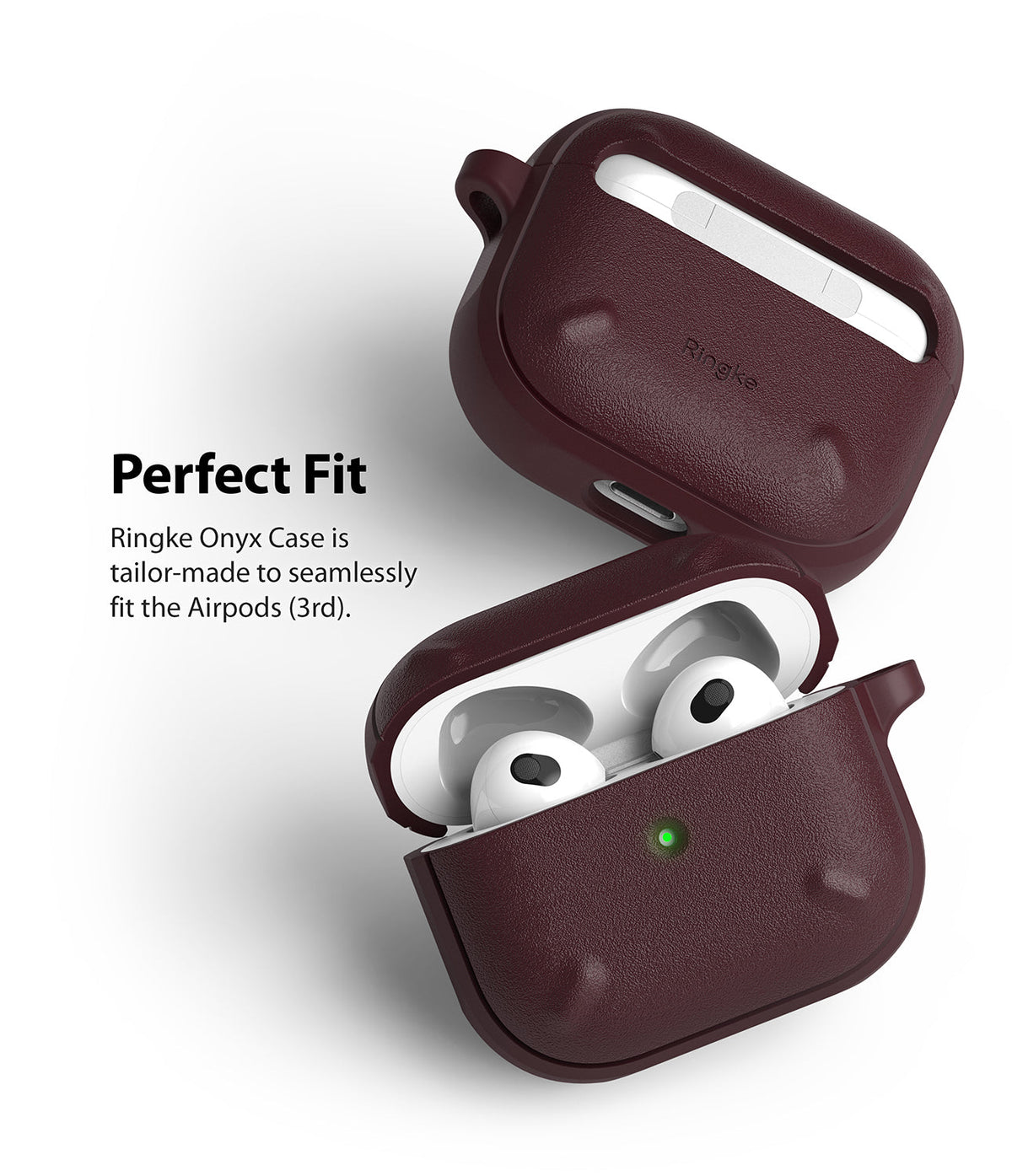 AirPods 3 Case | Onyx - Dark maroon textured protective case for AirPods 3, shown open with earbuds and closed separately.