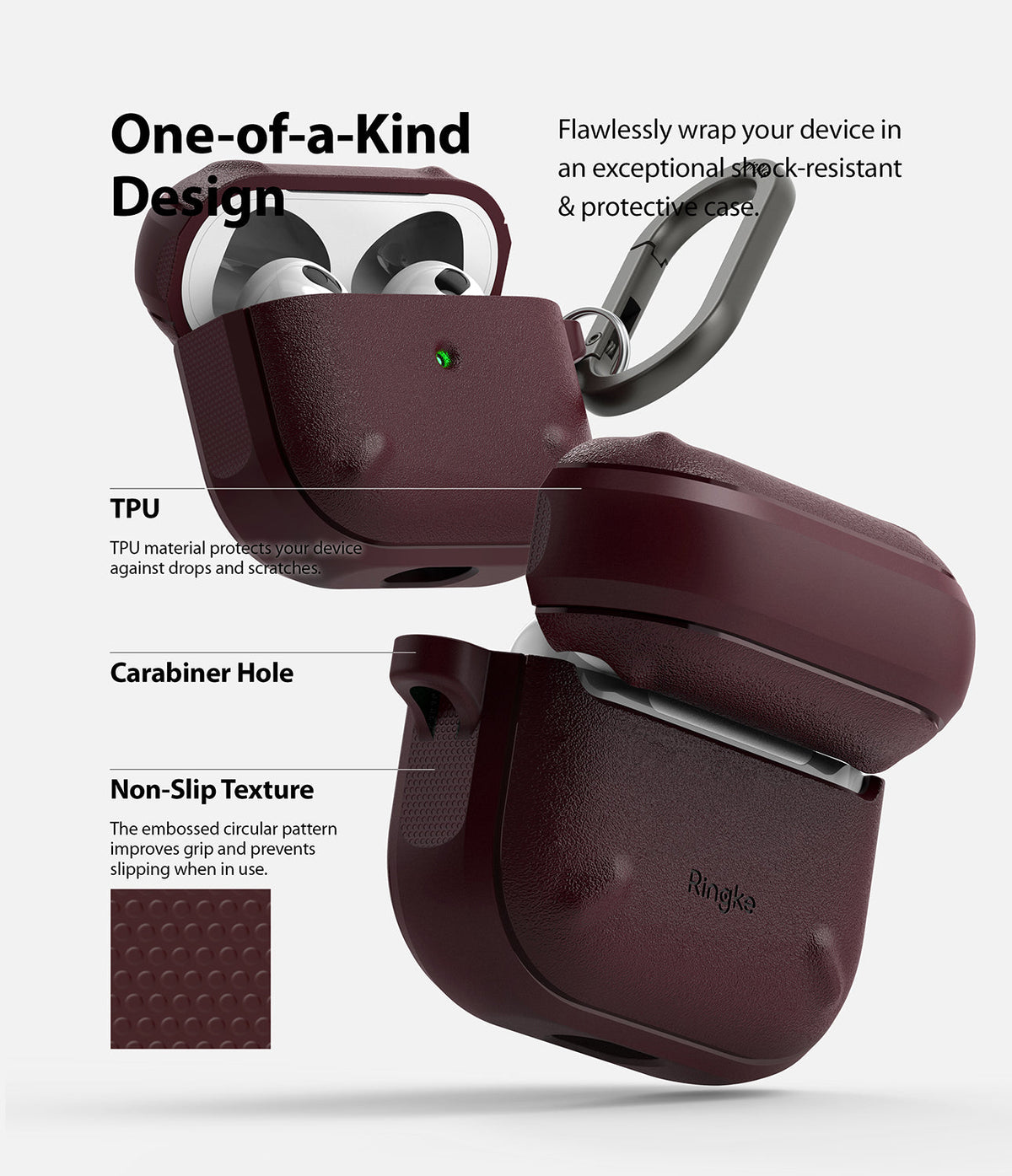 AirPods 3 Case | Onyx - Dark maroon textured TPU case for AirPods 3 with carabiner, highlighting shock-resistance and grip.