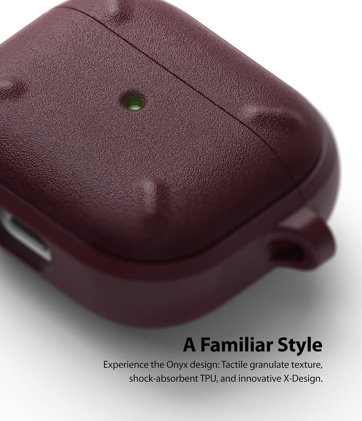 AirPods 3 Case | Onyx - Dark maroon textured AirPods 3 case with a glowing green LED indicator and side attachment loop.