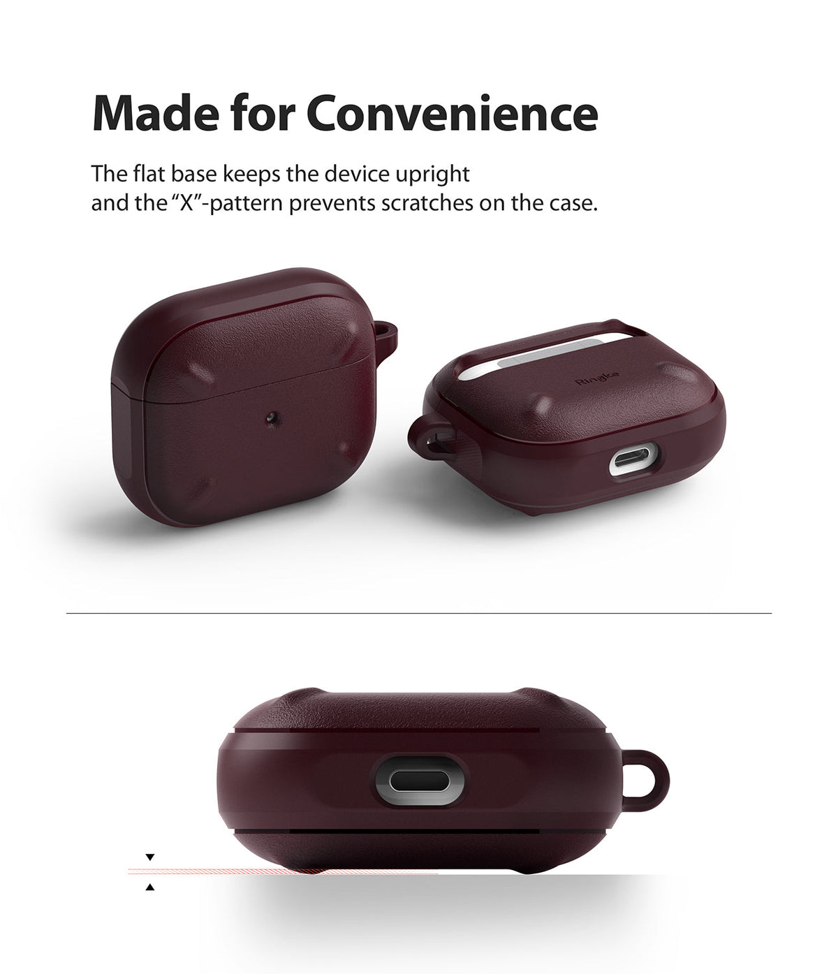 AirPods 3 Case | Onyx - Dark maroon AirPods 3 case with X-pattern texture, flat base for upright standing, and charging port.