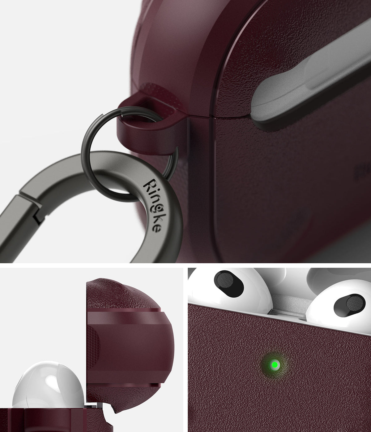 AirPods 3 Case | Onyx - Textured dark maroon case with a Ringke carabiner, showing charging status light and open lid.