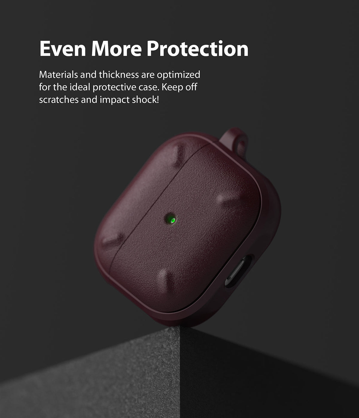 AirPods 3 Case | Onyx - Dark maroon textured protective case for AirPods 3 with a glowing green LED indicator on a dark background.
