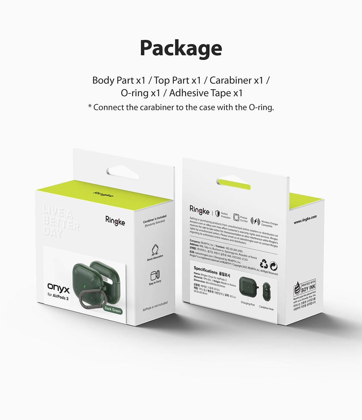 AirPods 3 Case | Onyx - Packaging showing contents list, product features, and two views of the dark green protective case.