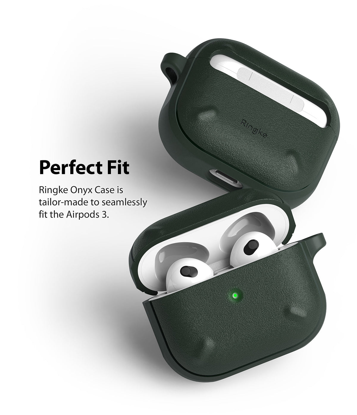AirPods 3 Case | Onyx - Two dark green textured Ringke cases for AirPods 3, one open with earbuds inside, one closed.
