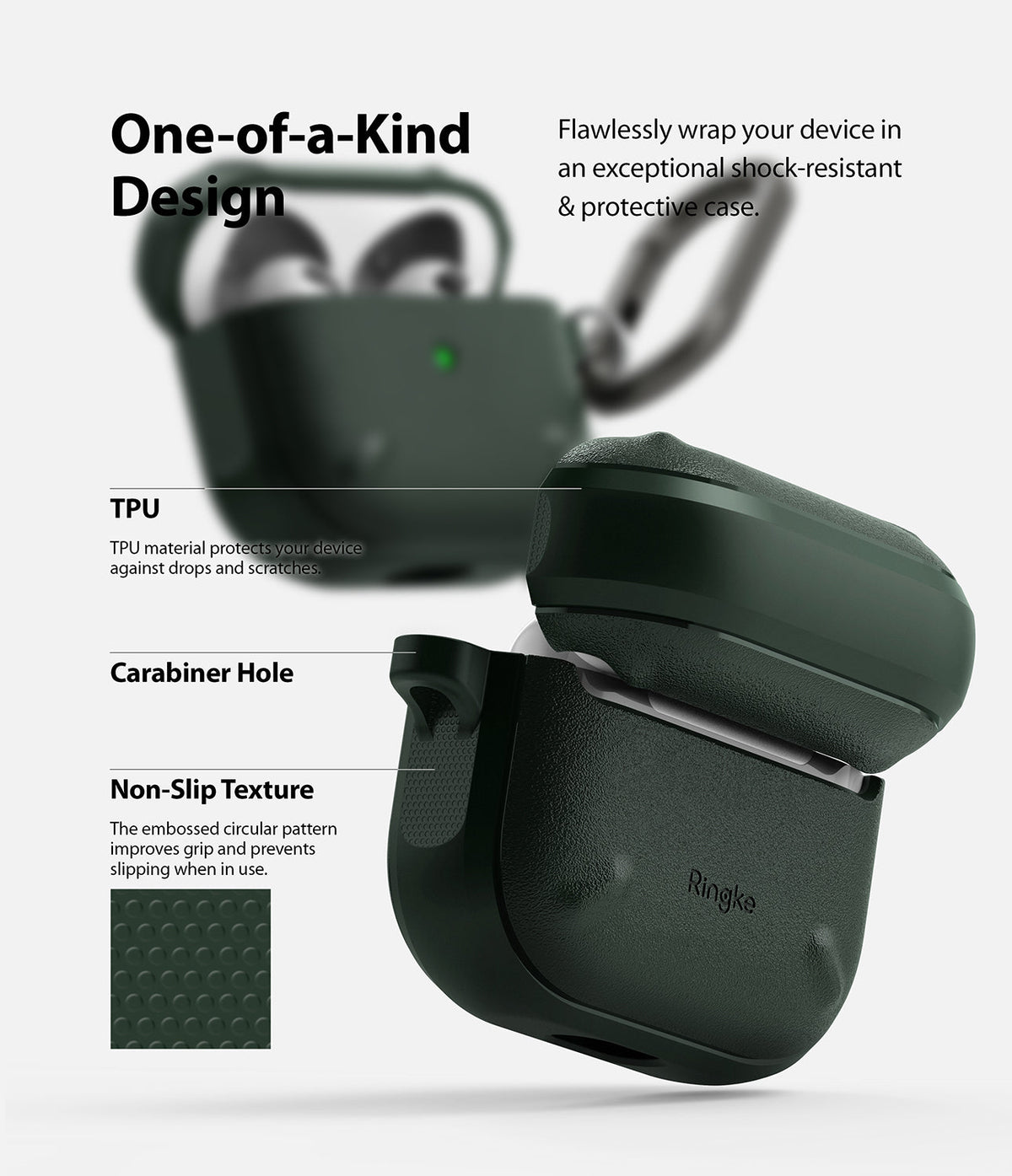 AirPods 3 Case | Onyx - Dark green textured TPU case for AirPods 3 with carabiner hole and non-slip circular pattern.