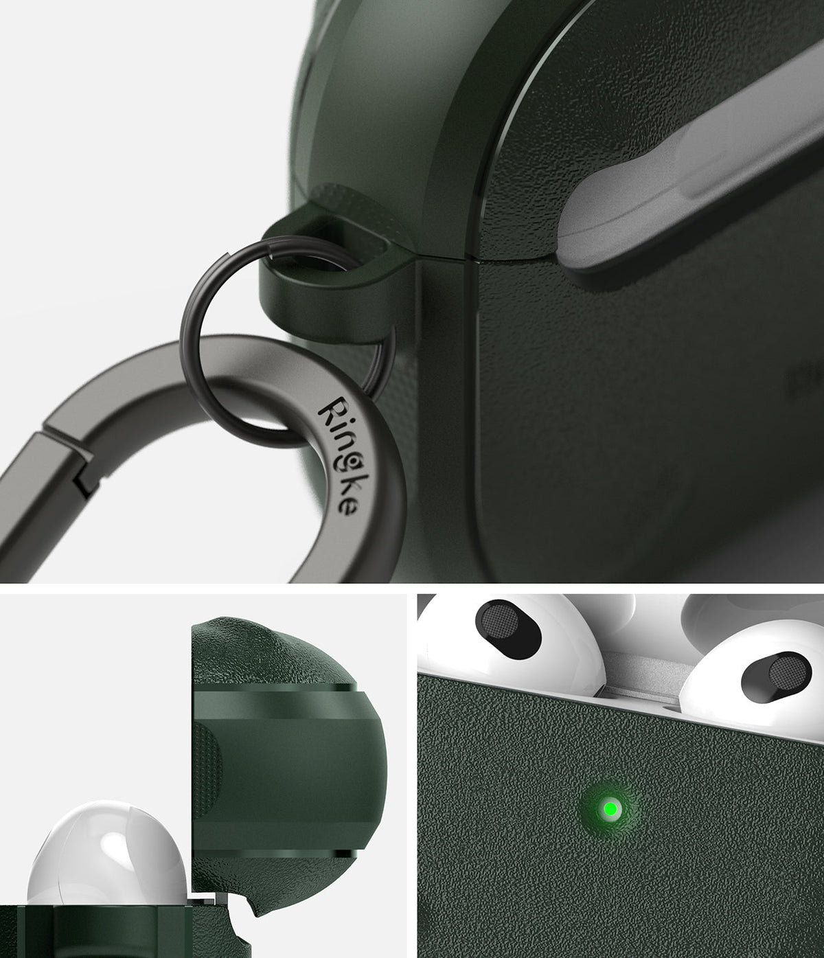 AirPods 3 Case | Onyx - Dark green textured AirPods 3 case with a Ringke carabiner, showing the charging light and open lid.