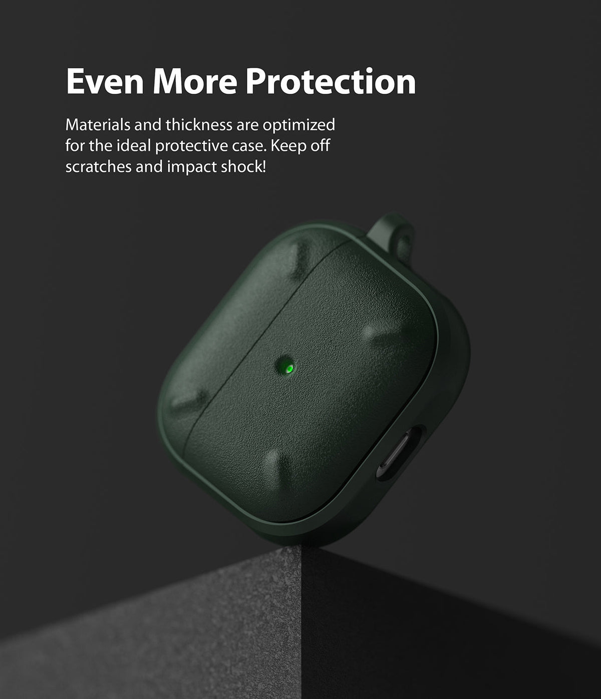 AirPods 3 Case | Onyx - Dark green textured AirPods 3 case with a glowing status light, balanced on a dark geometric edge.